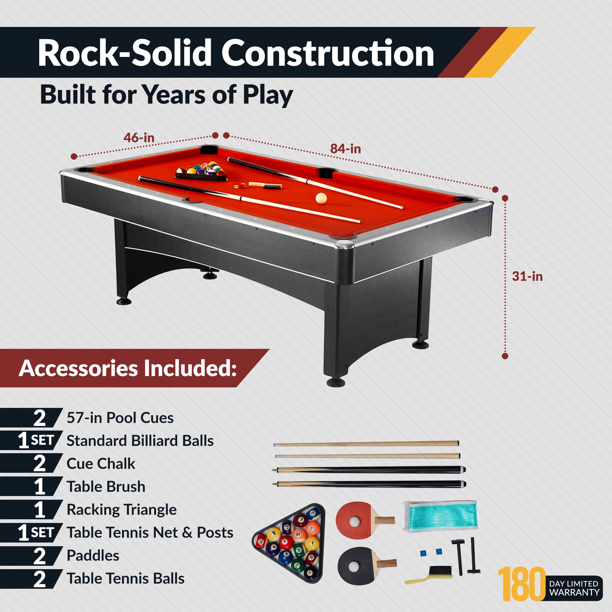 Maverick 7 ft Pool Table with Table Tennis Top – Black with Red Felt