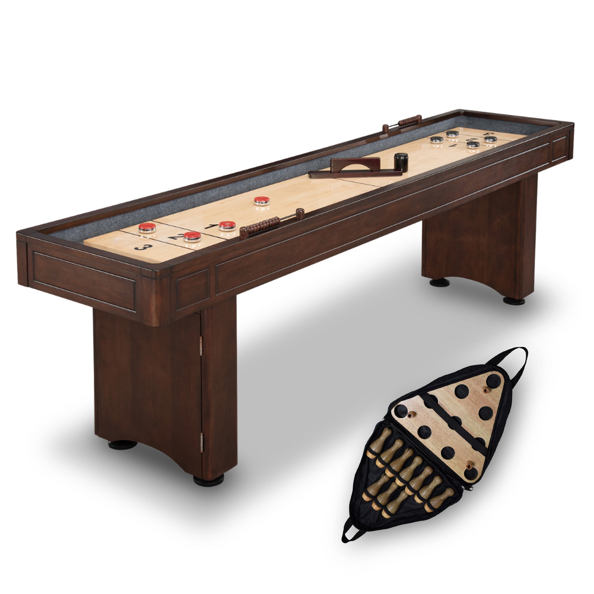 Austin 9 ft Shuffleboard Table with Bowling Pin Set β Mahogany Finish