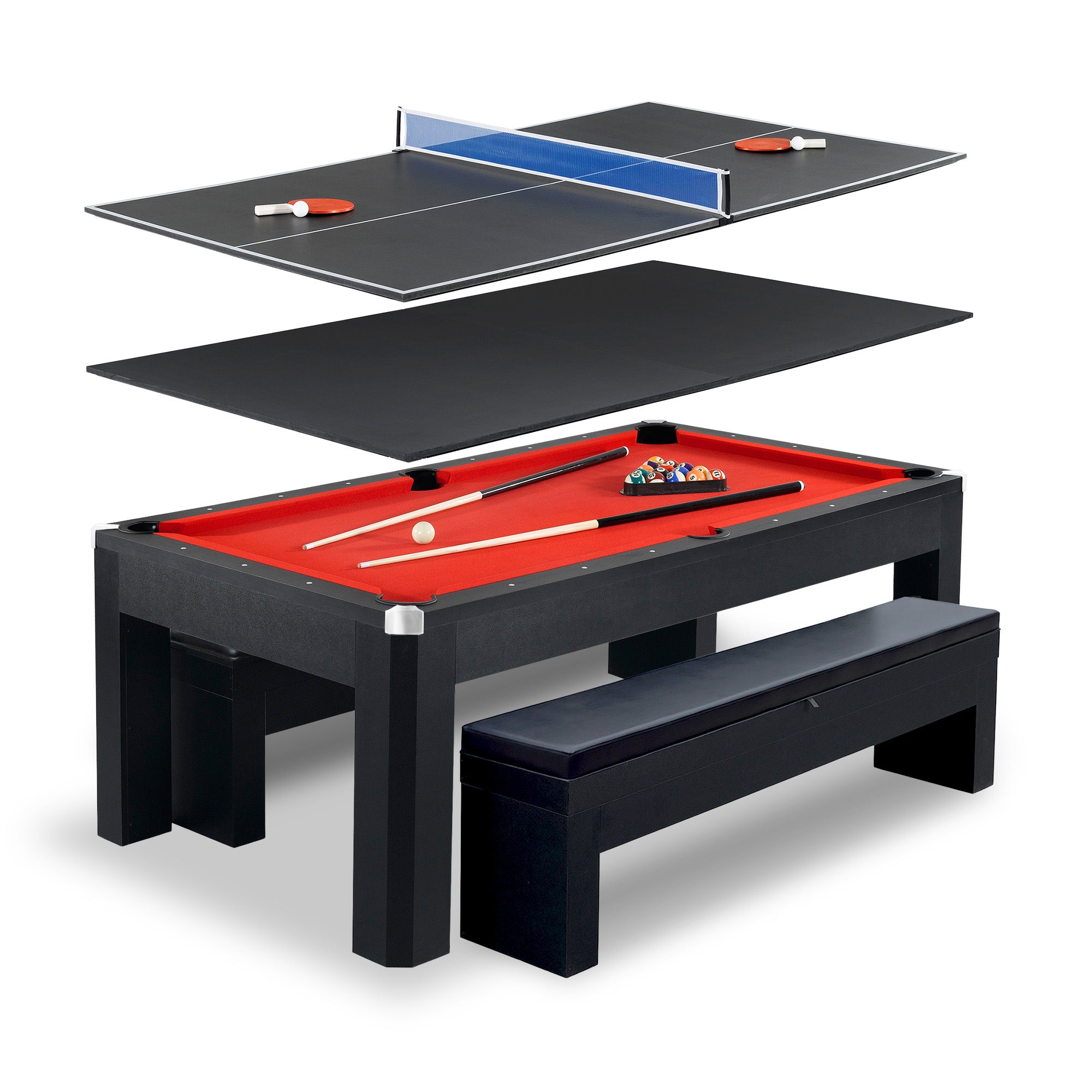 Park Avenue 7 ft Pool Table Combo Set with Benches – Black with Red Felt