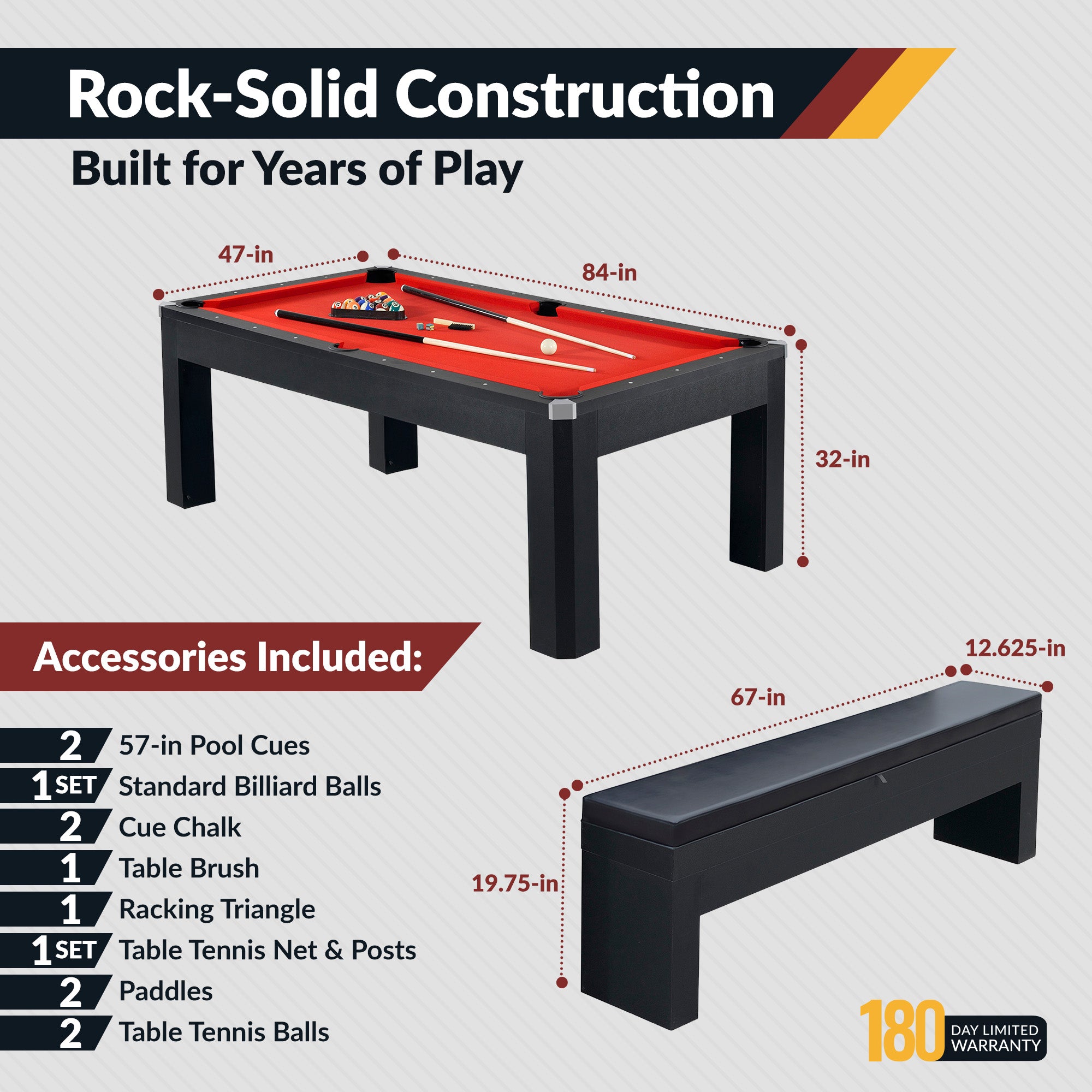 Park Avenue 7 ft Pool Table Combo Set with Benches – Black with Red Felt