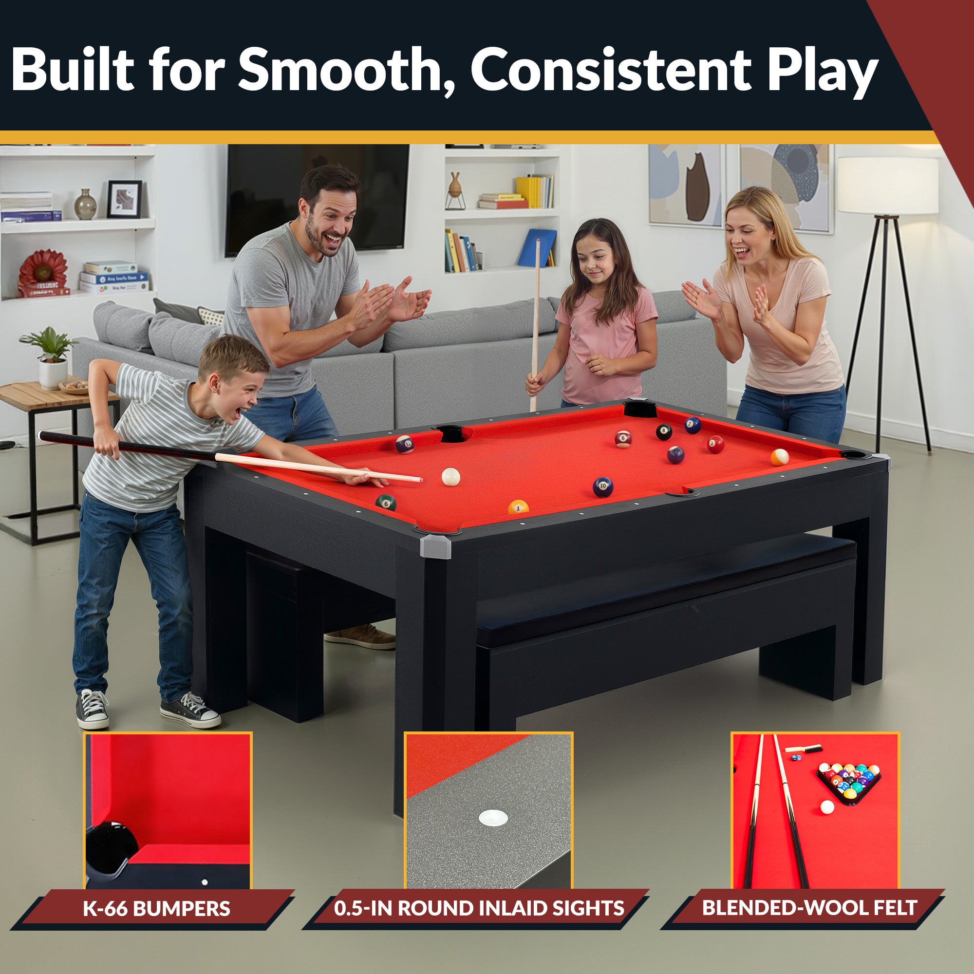 Park Avenue 7 ft Pool Table Combo Set with Benches – Black with Red Felt