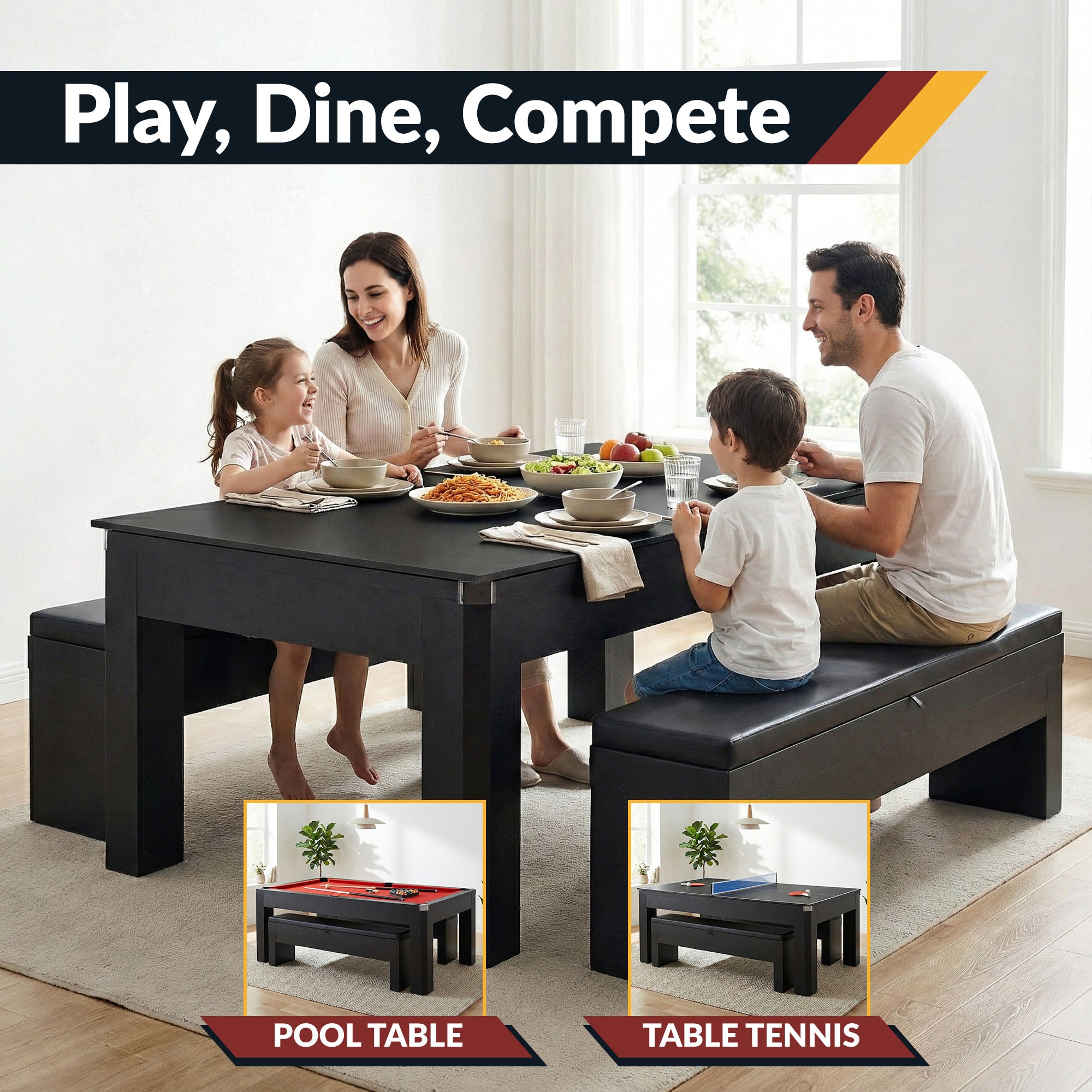 Park Avenue 7 ft Pool Table Combo Set with Benches – Black with Red Felt