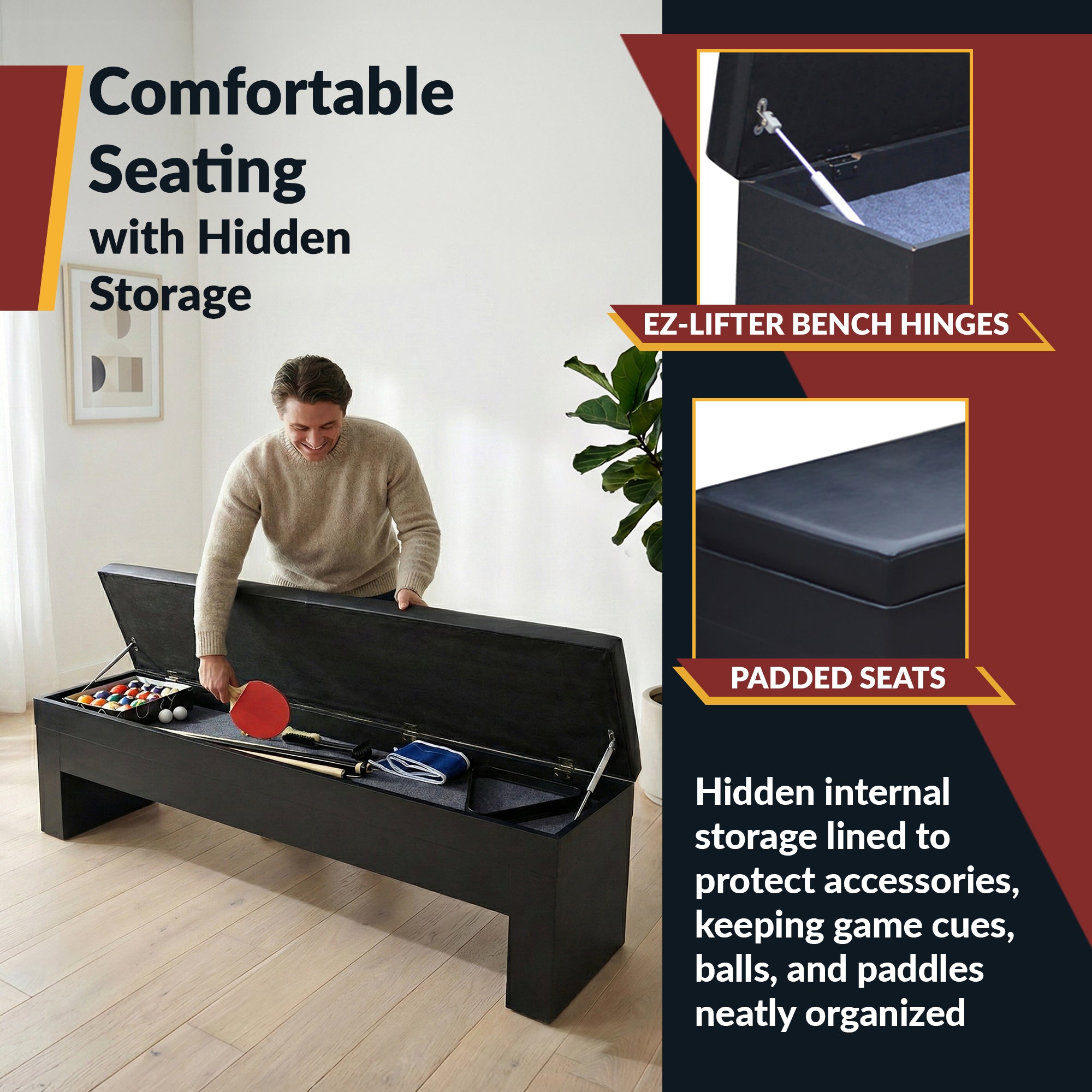 Park Avenue 7 ft Pool Table Combo Set with Benches – Black with Red Felt