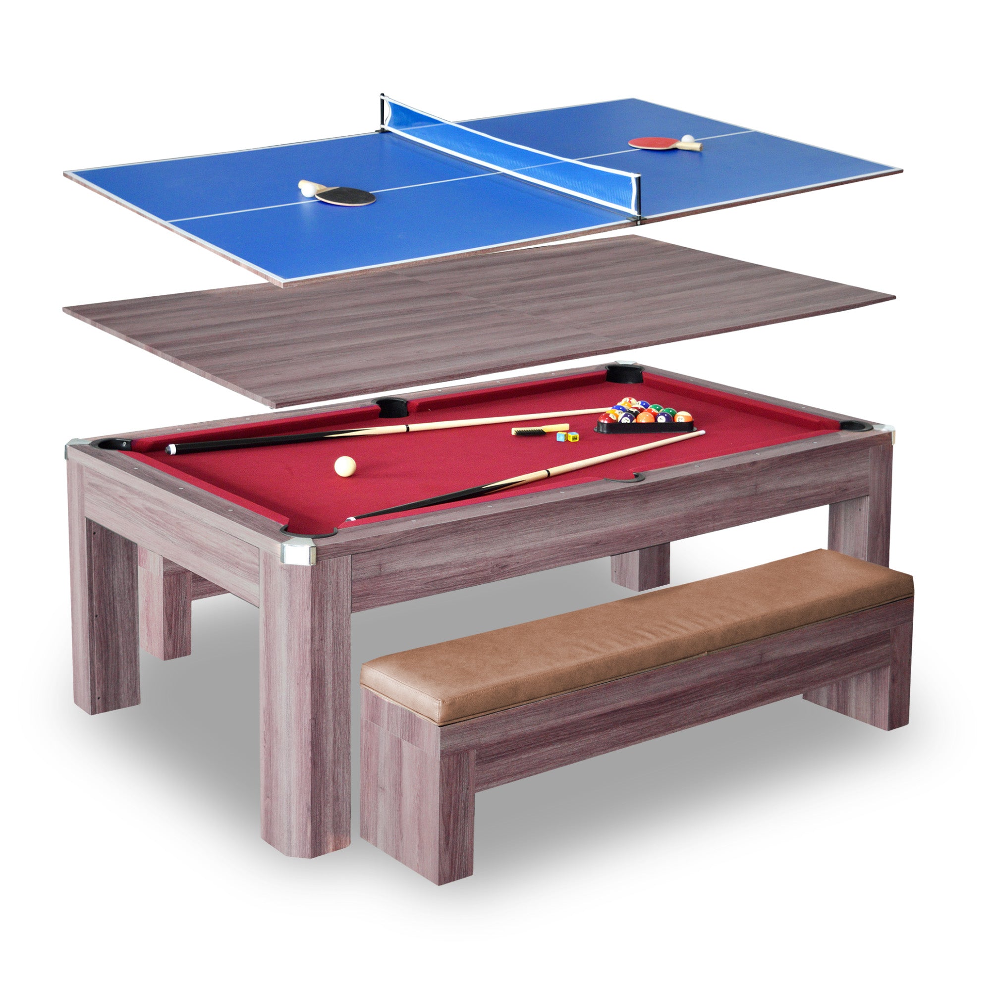 Newport 7 ft Pool Table Combo Set with Benches – Light Oak with Red Felt