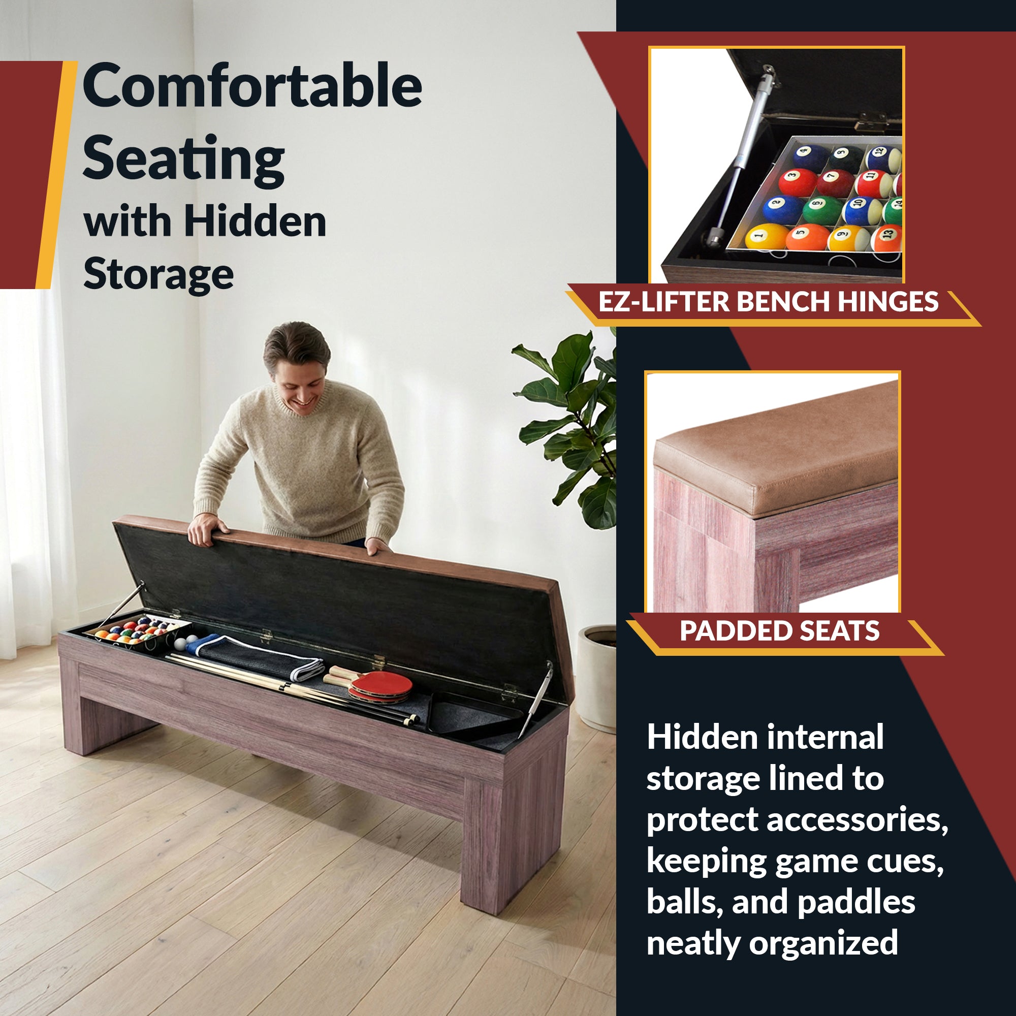 Newport 7 ft Pool Table Combo Set with Benches – Light Oak with Red Felt