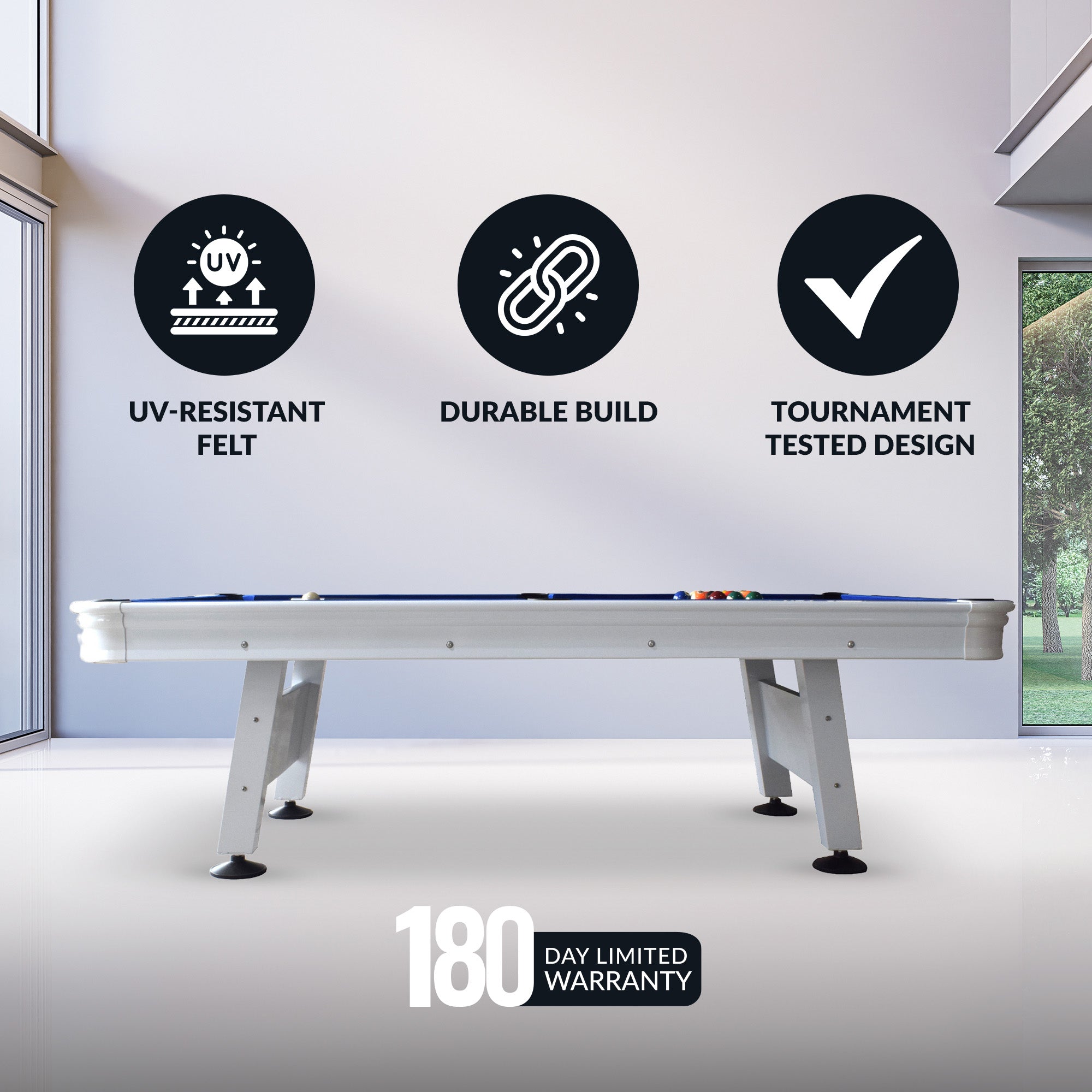 Alpine 8 ft Outdoor Pool Table – White with Blue Felt