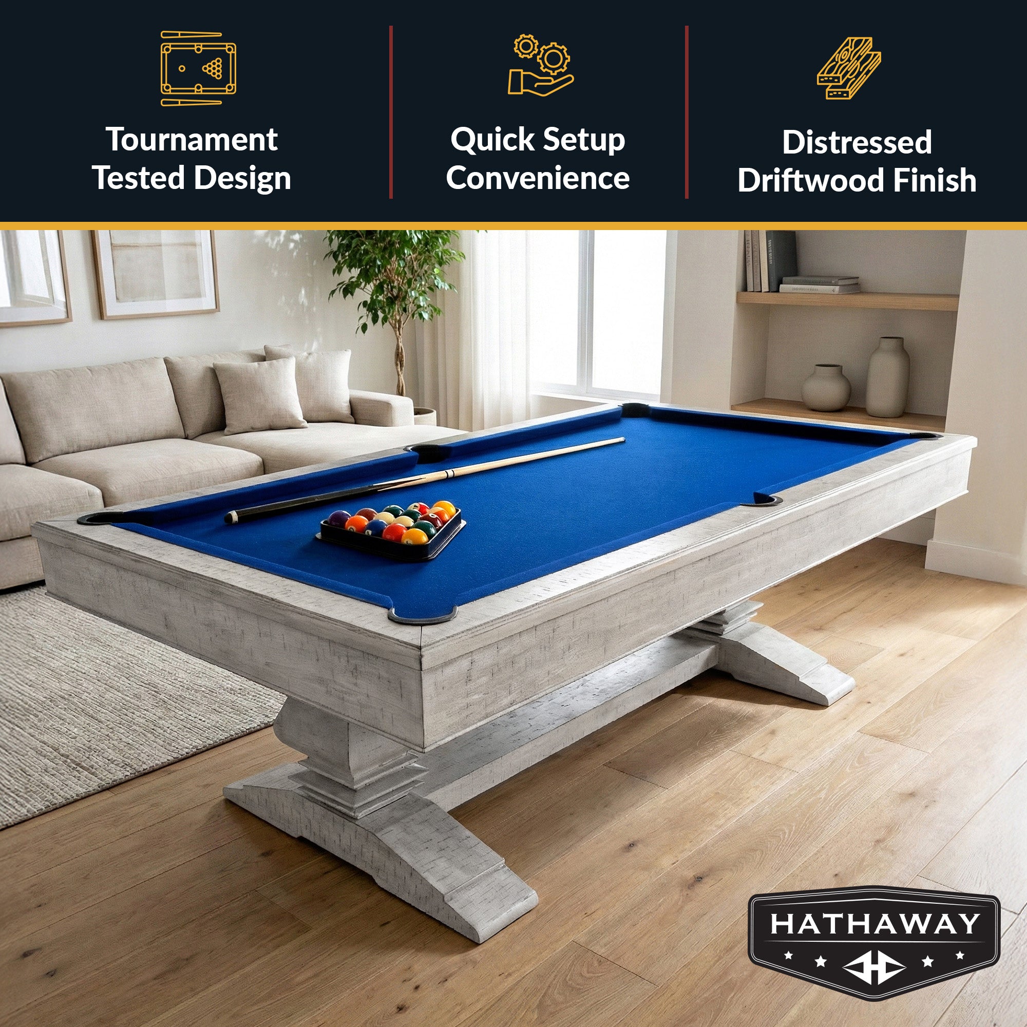 Montecito 8 ft Pool Table – Driftwood Finish with Blue Felt