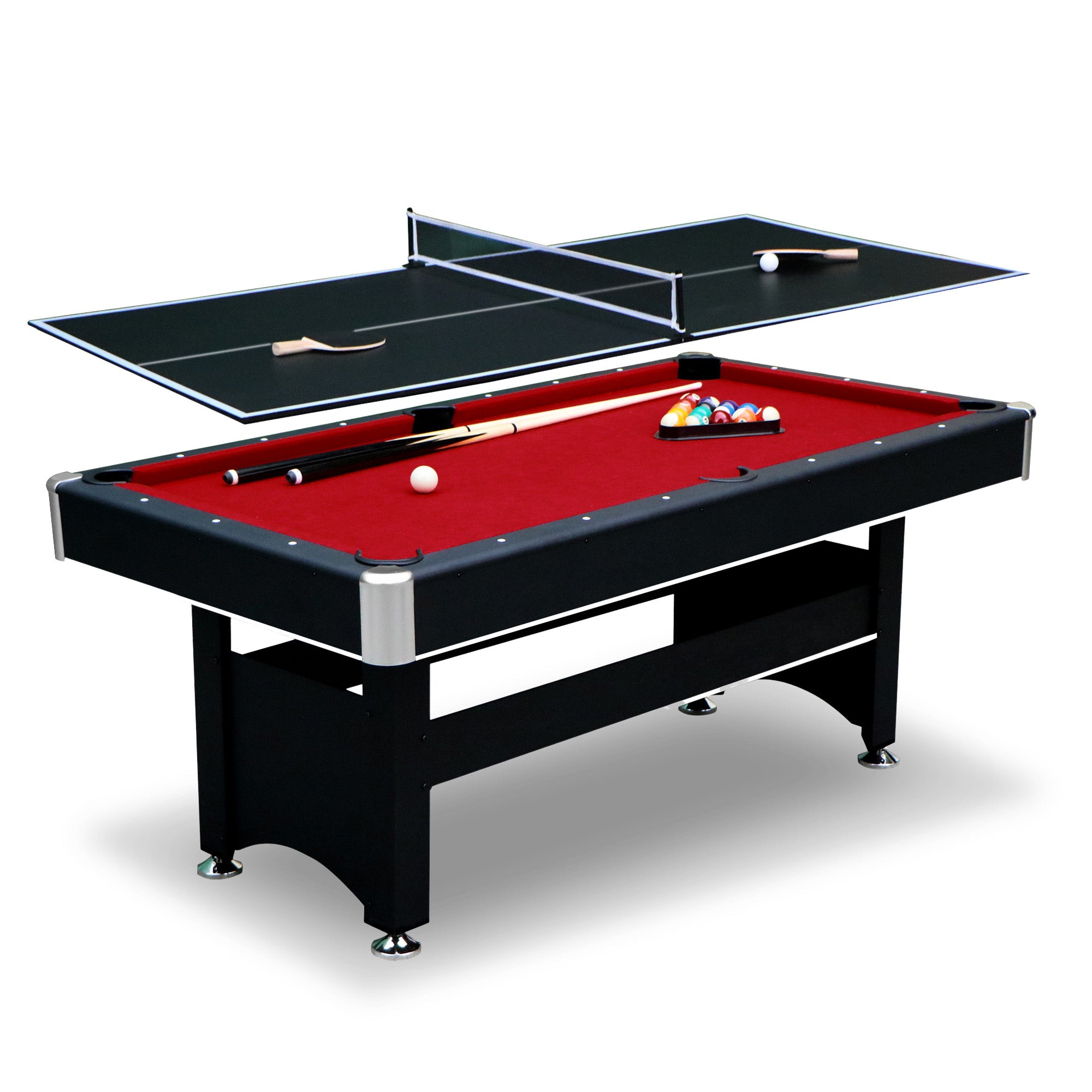 Spartan 6 ft Pool Table with Table Tennis Top – Black with Red Felt