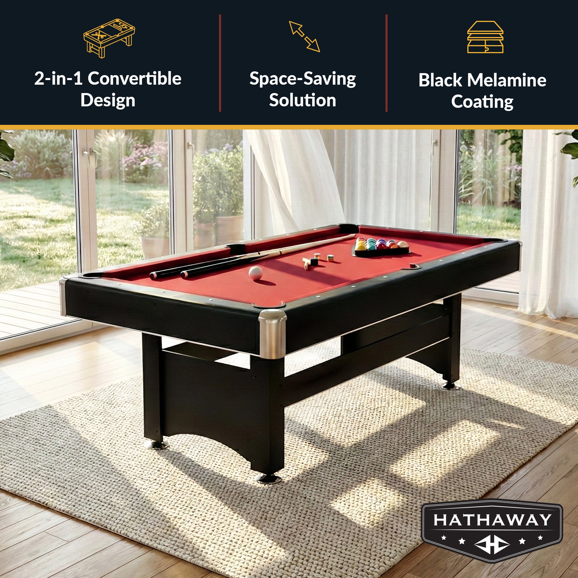 Spartan 6 ft Pool Table with Table Tennis Top – Black with Red Felt