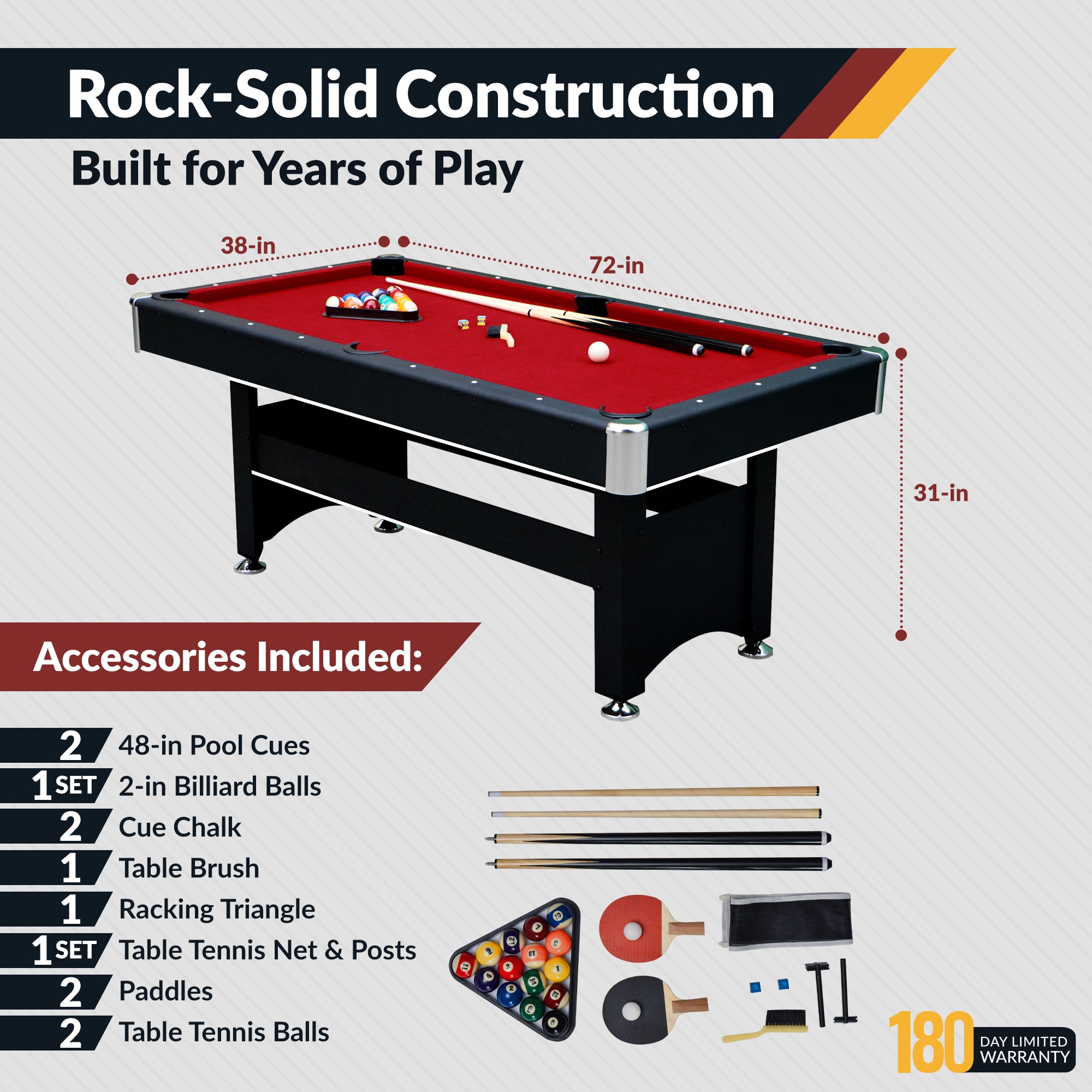 Spartan 6 ft Pool Table with Table Tennis Top – Black with Red Felt