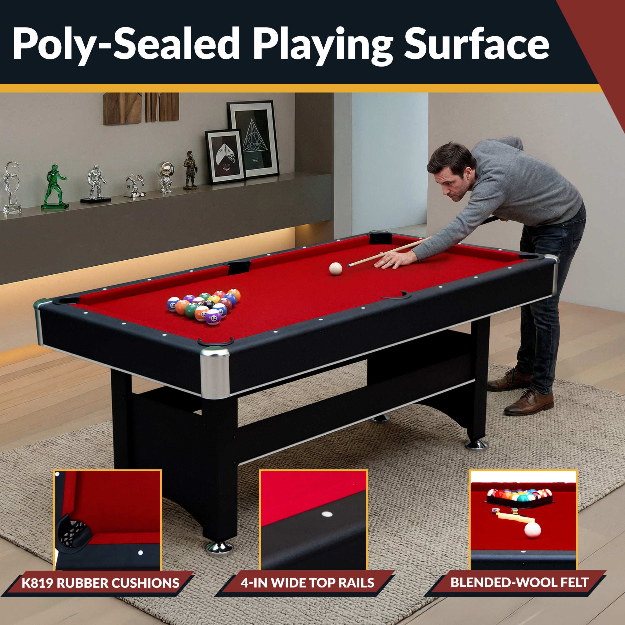 Spartan 6 ft Pool Table with Table Tennis Top – Black with Red Felt