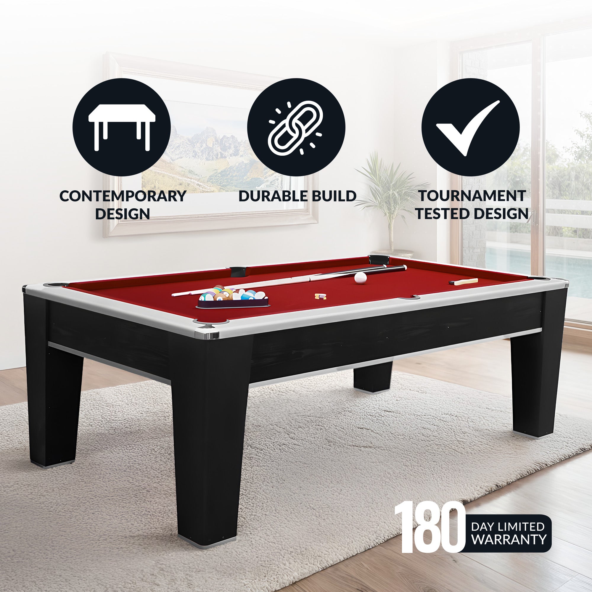 Mirage 90" Pool Table – Black & Silver with Dark Red Felt