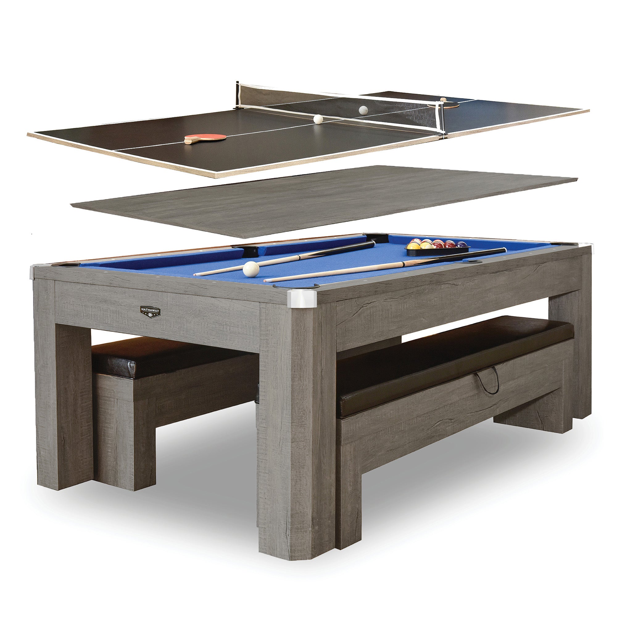 Newport 7 Ft Pool Table with Benches – 3-in-1 Dining & Ping Pong Combo (Rustic Gray / Blue Felt)