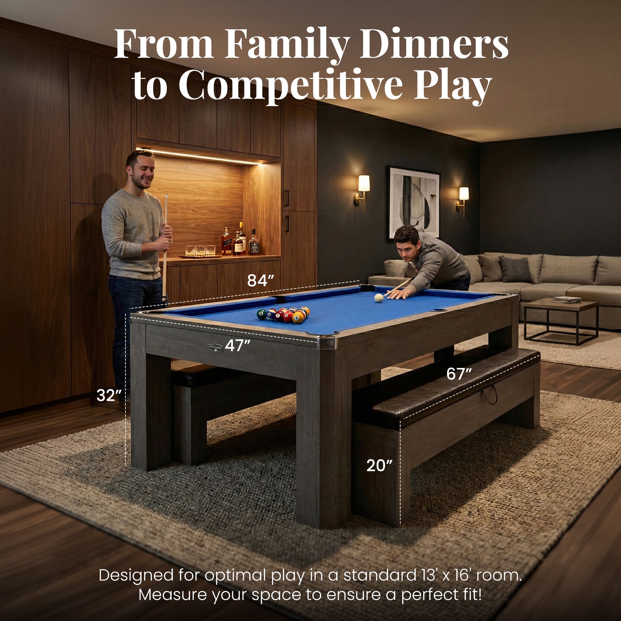 Newport 7 Ft Pool Table with Benches – 3-in-1 Dining & Ping Pong Combo (Rustic Gray / Blue Felt)