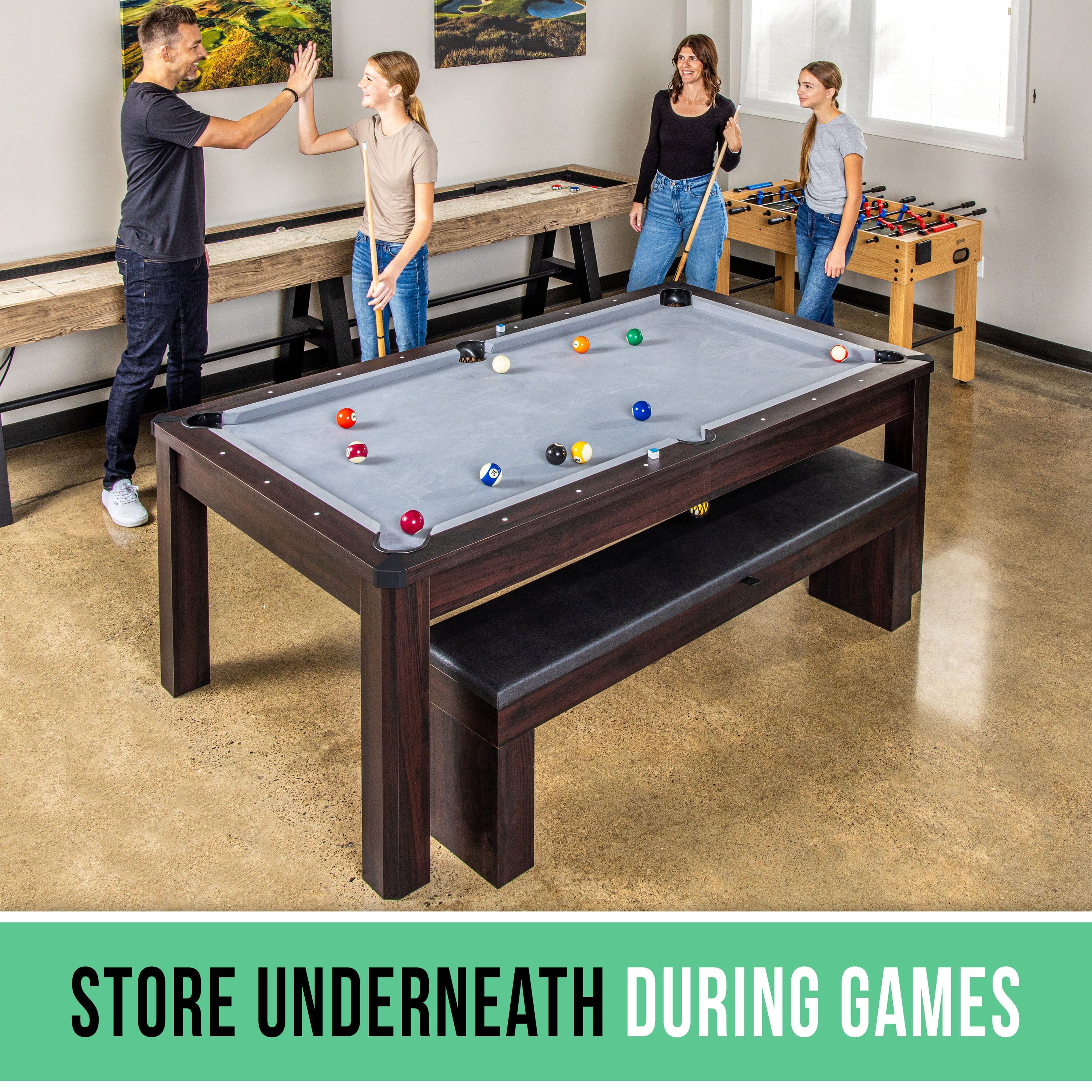 GoSports 3 in 1 Pool, Dining, & Table Tennis Combo Table and Storage Benches - 7 ft or 8 ft - Convertible Billiards and Table Tennis with Accessories