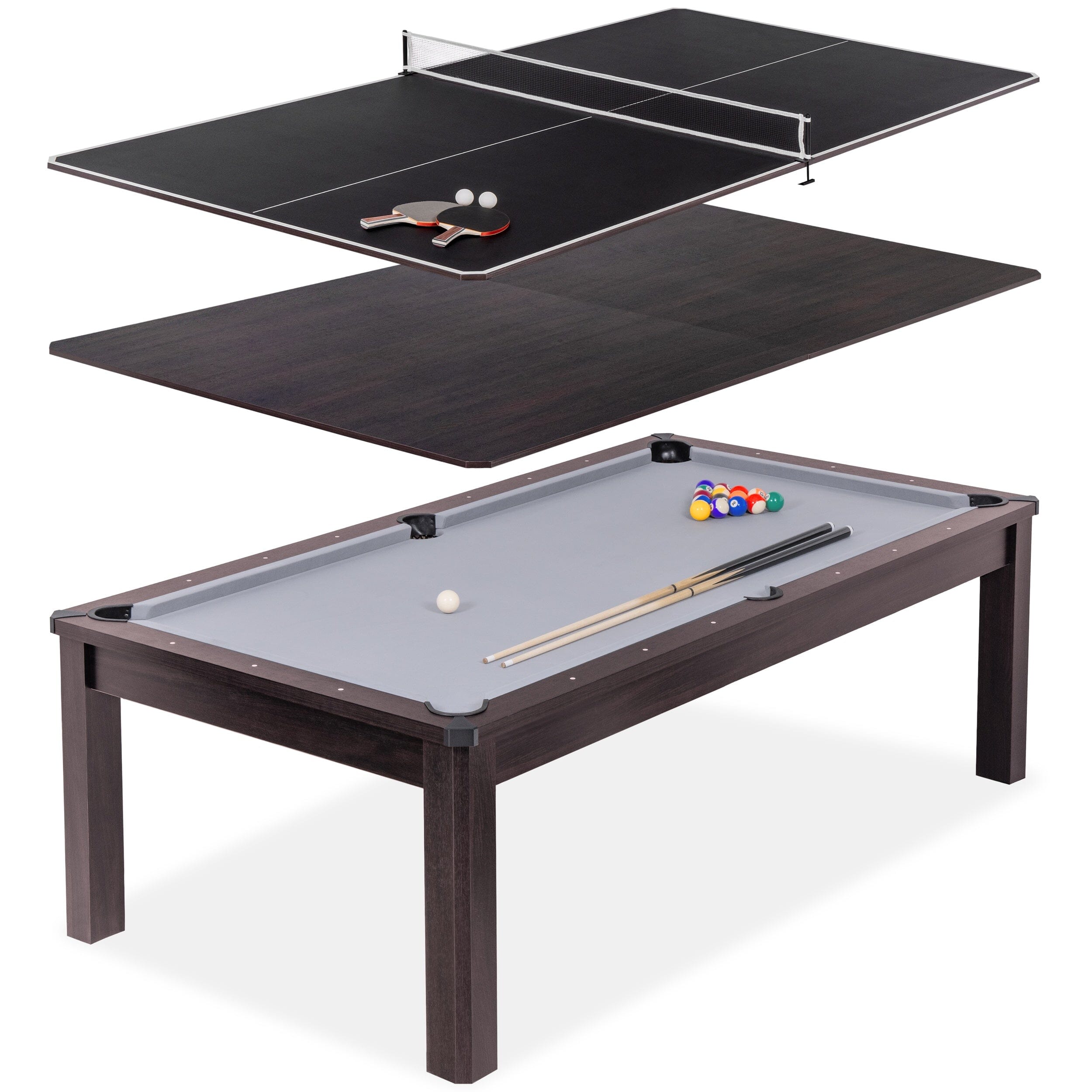GoSports 8 ft 3 in 1 Pool, Dining, & Table Tennis Combo Table and Storage Benches - Convertible Billiards with Game Accessories