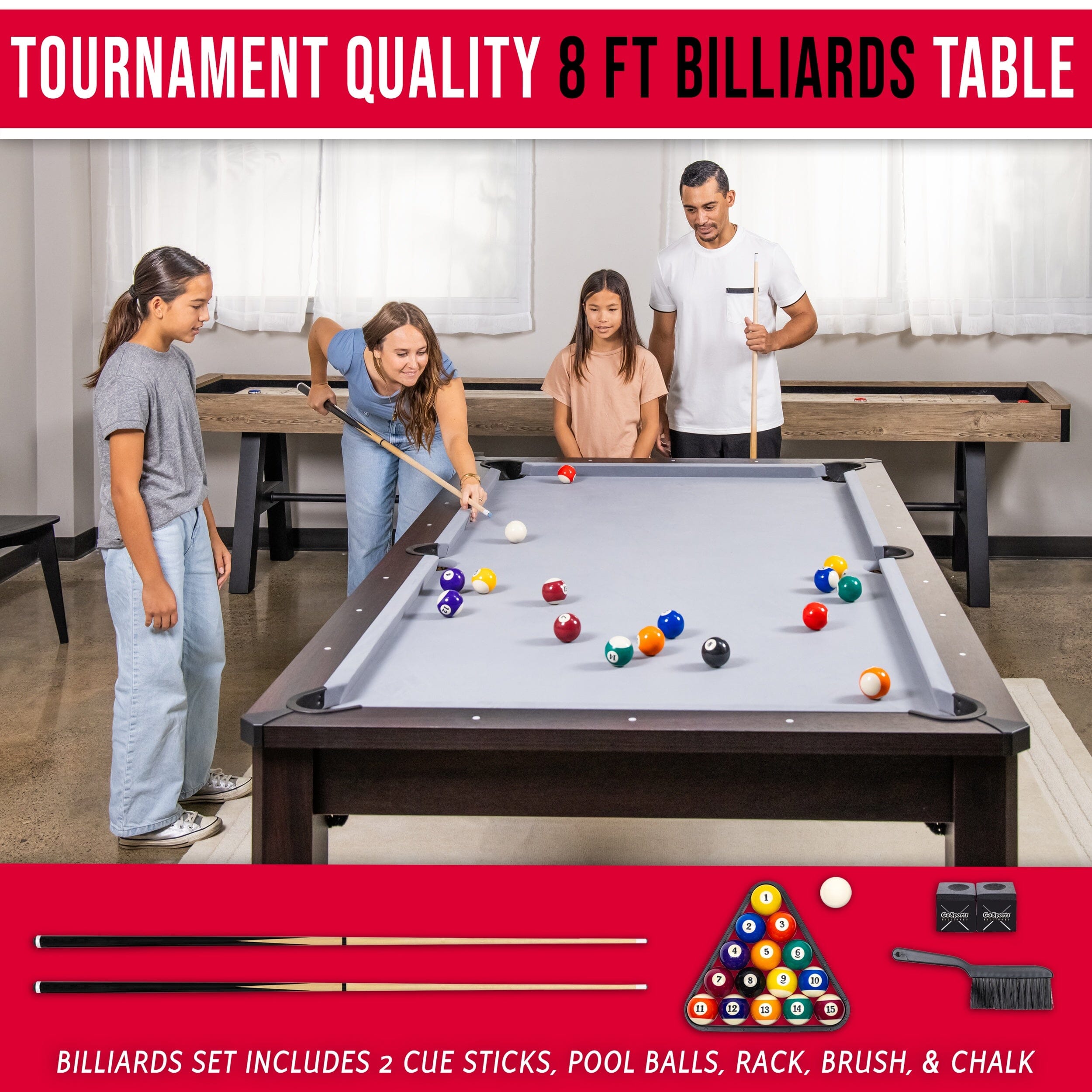 GoSports 8 ft 3 in 1 Pool, Dining, & Table Tennis Combo Table and Storage Benches - Convertible Billiards with Game Accessories