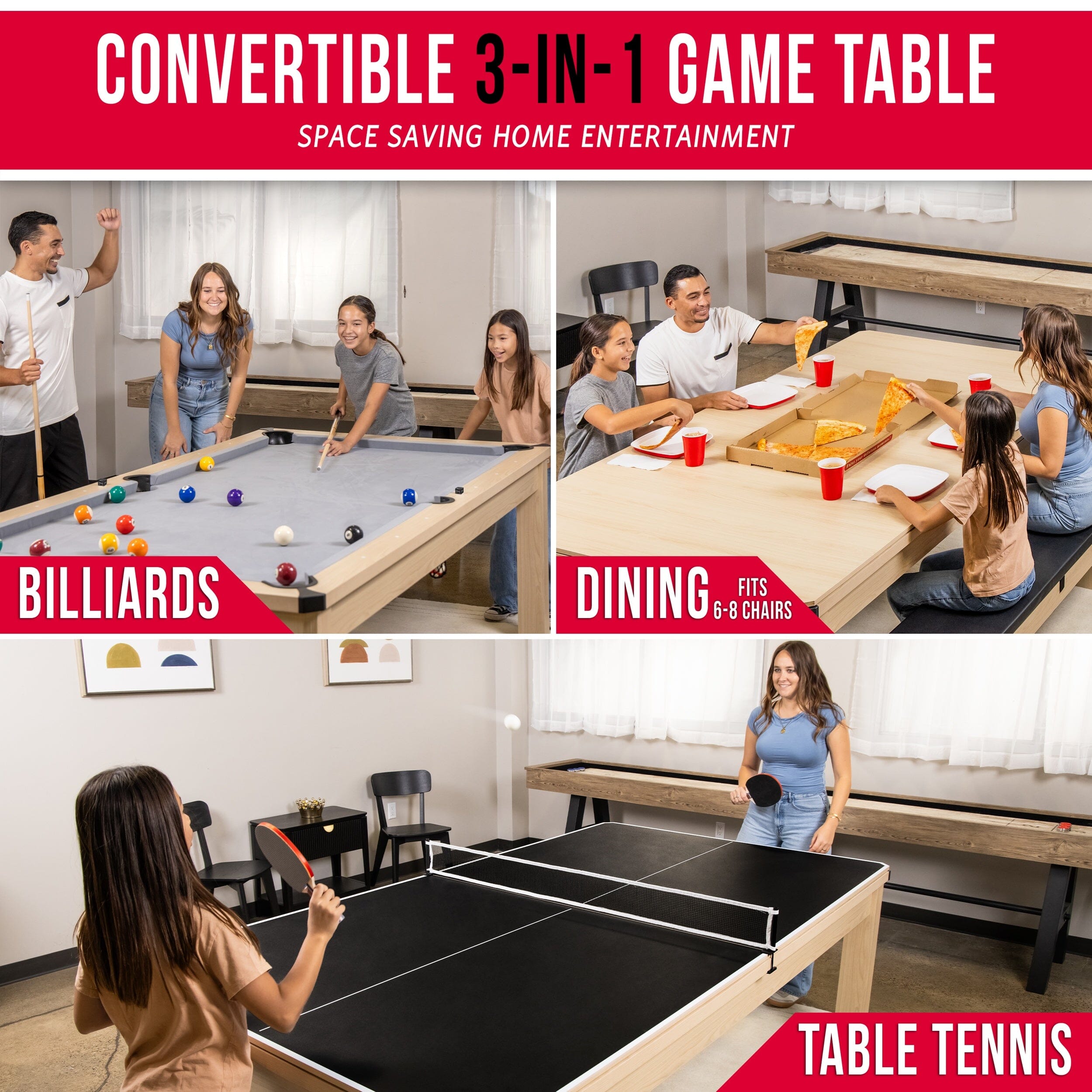 GoSports 8 ft 3 in 1 Pool, Dining, & Table Tennis Combo Table and Storage Benches - Convertible Billiards with Game Accessories