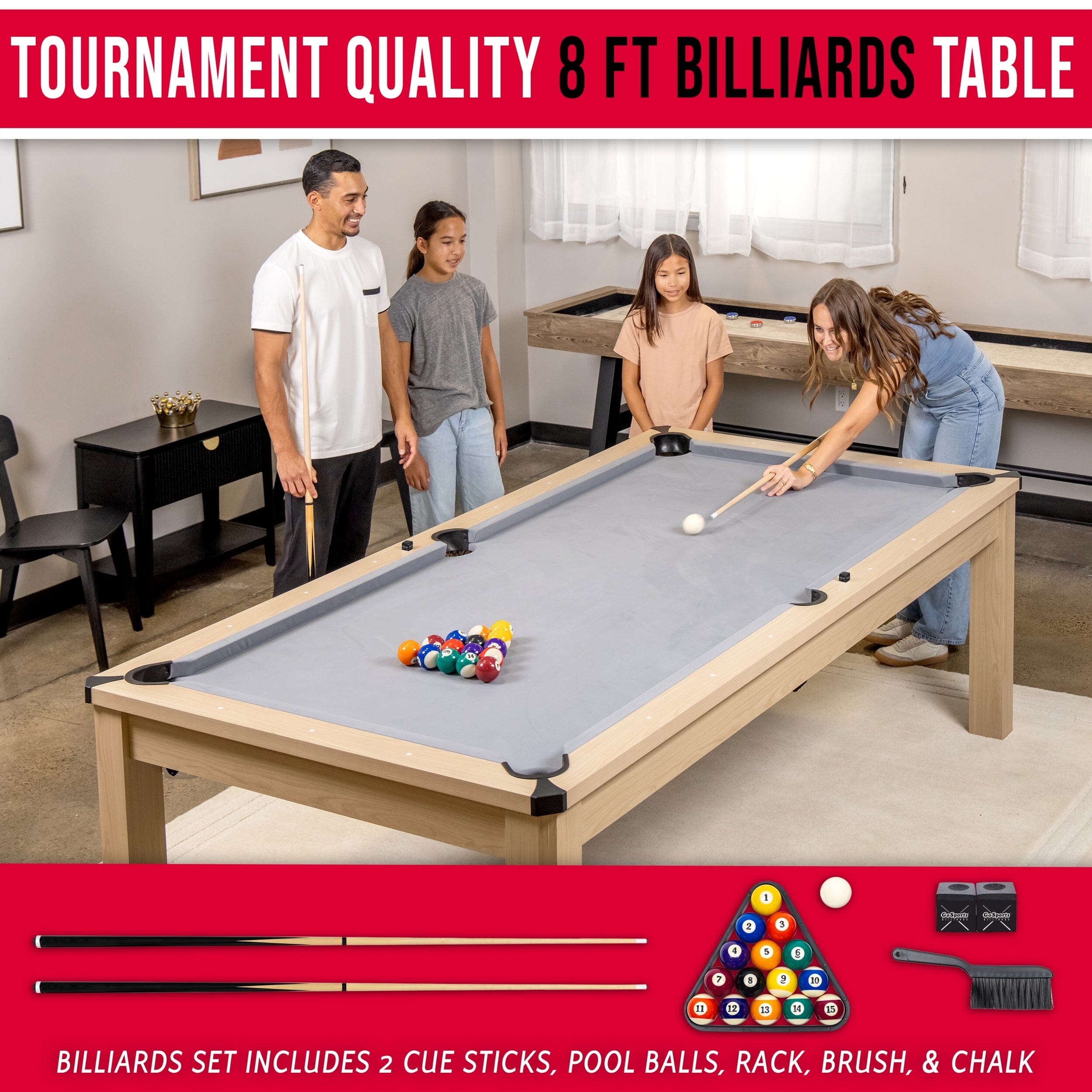 GoSports 8 ft 3 in 1 Pool, Dining, & Table Tennis Combo Table and Storage Benches - Convertible Billiards with Game Accessories