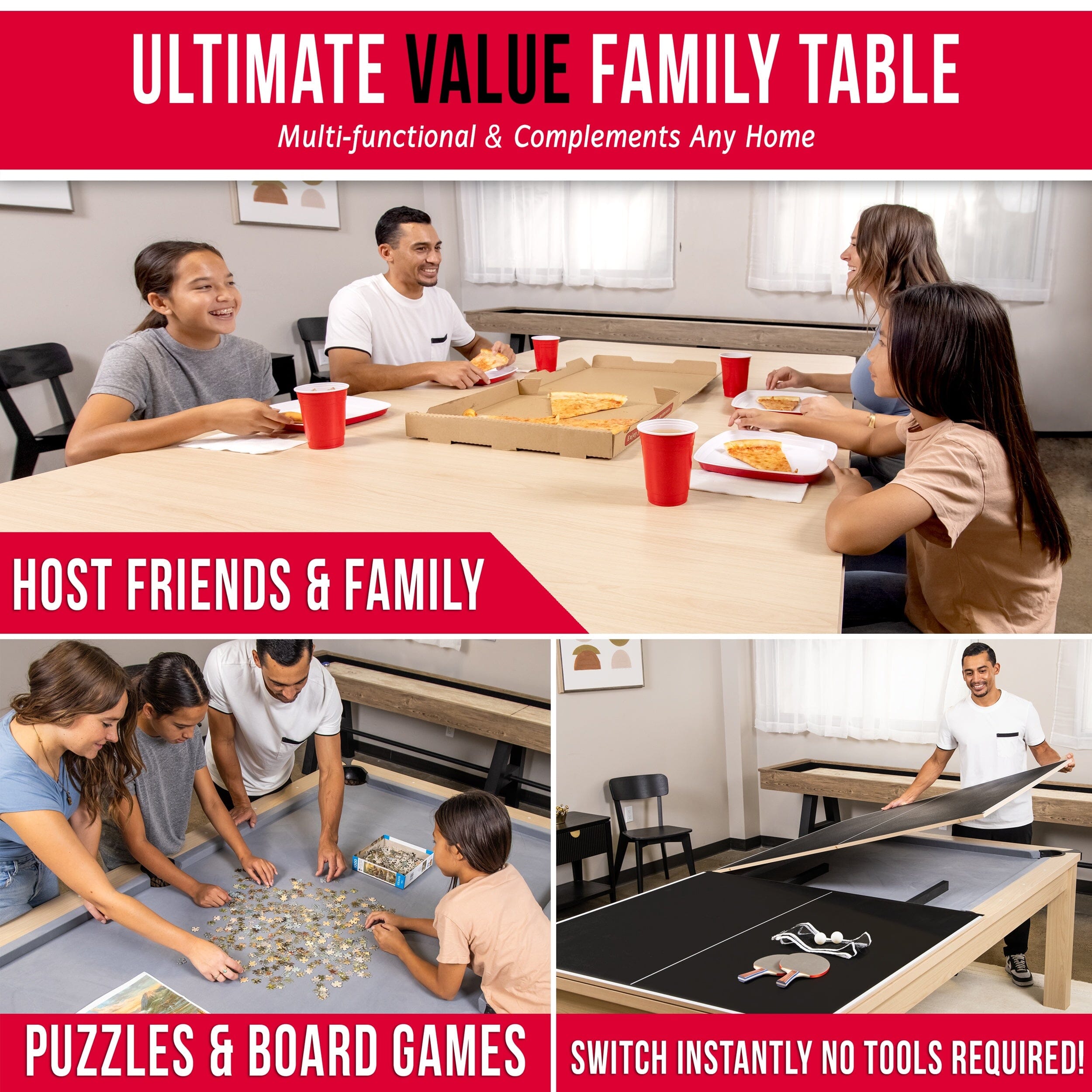 GoSports 8 ft 3 in 1 Pool, Dining, & Table Tennis Combo Table and Storage Benches - Convertible Billiards with Game Accessories