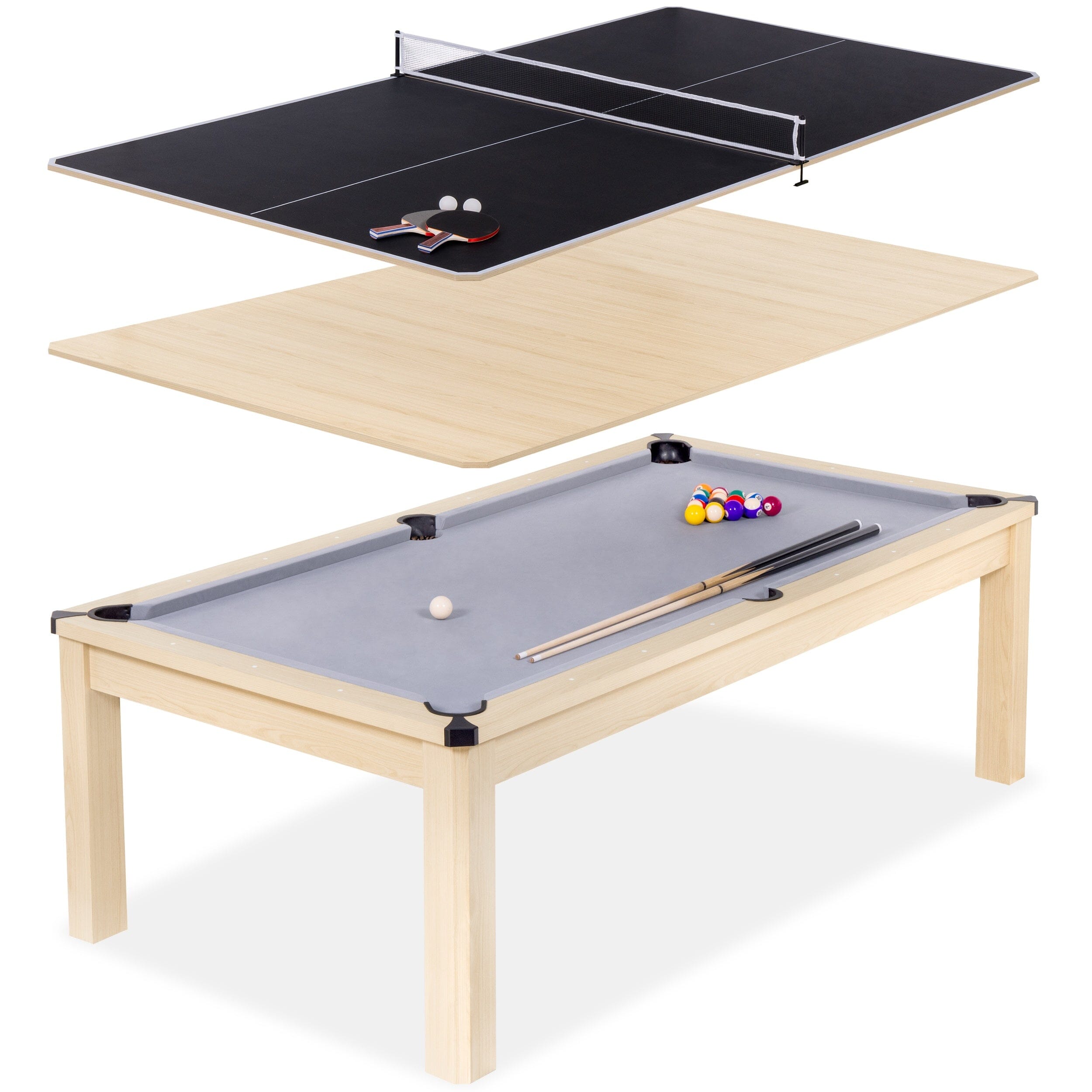 GoSports 8 ft 3 in 1 Pool, Dining, & Table Tennis Combo Table and Storage Benches - Convertible Billiards with Game Accessories