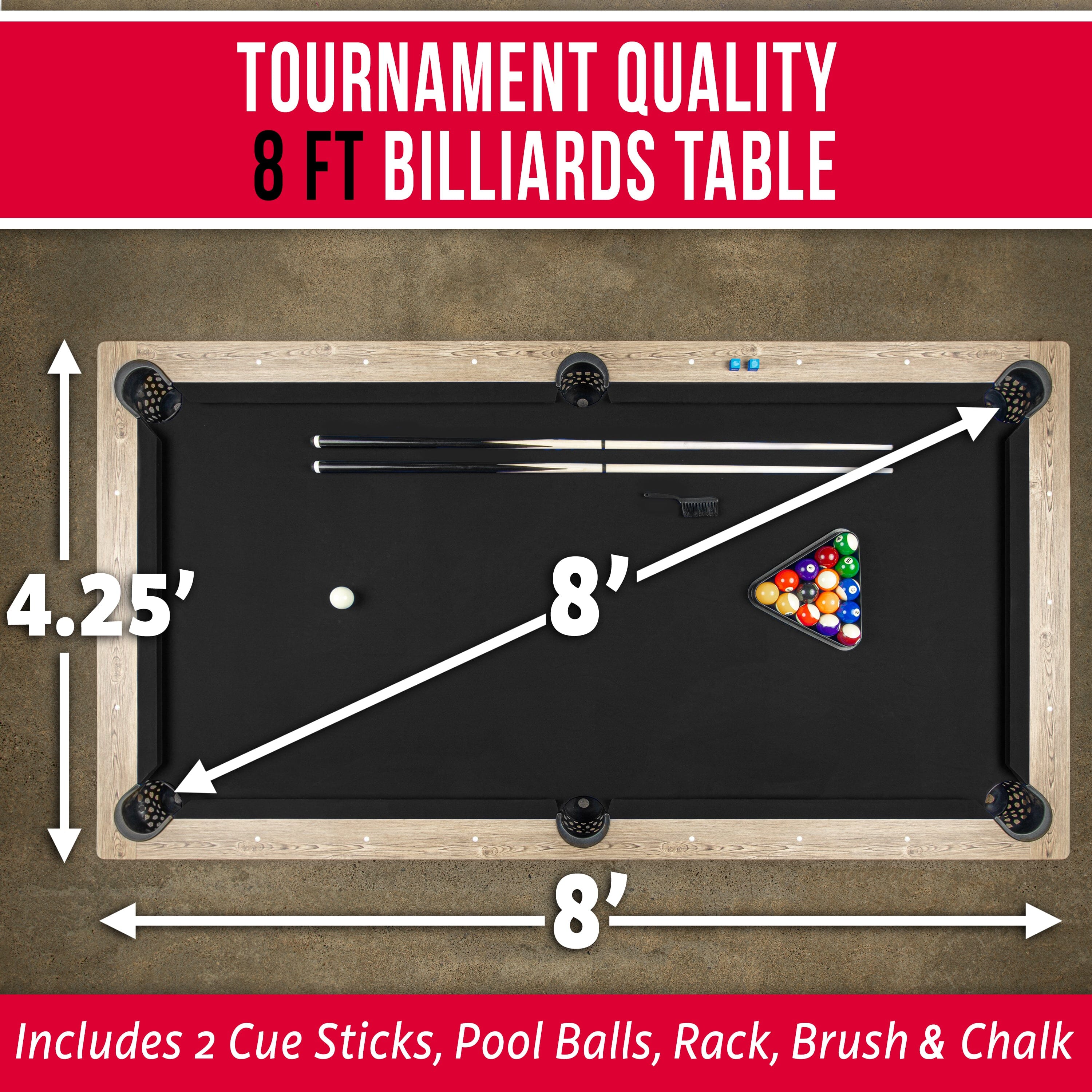 GoSports 8 ft Pool Tables with Wood Finish - Modern Billiards Table with 2 Cue Sticks, Balls, Rack, Felt Brush and Chalk