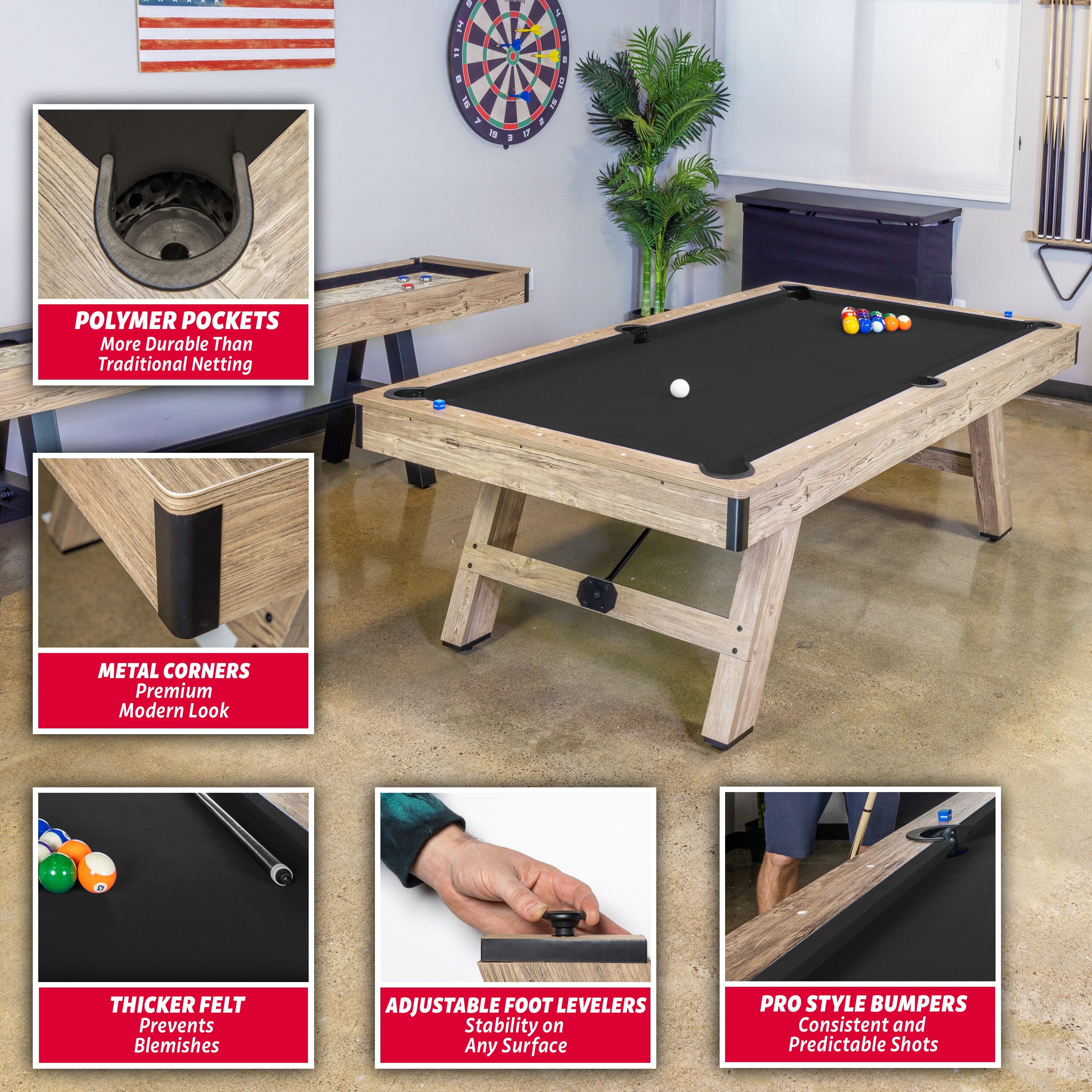 GoSports 8 ft Pool Tables with Wood Finish - Modern Billiards Table with 2 Cue Sticks, Balls, Rack, Felt Brush and Chalk