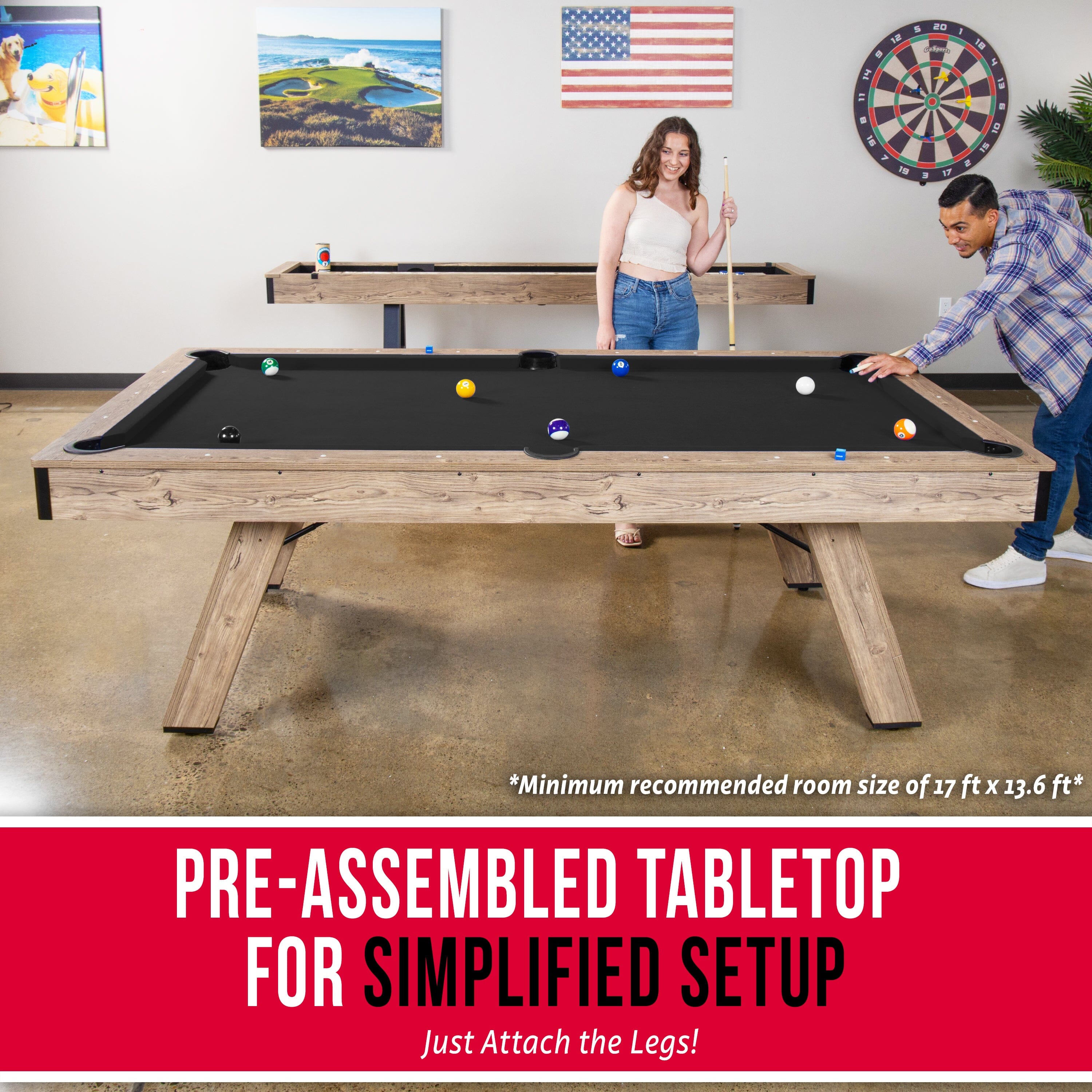 GoSports 8 ft Pool Tables with Wood Finish - Modern Billiards Table with 2 Cue Sticks, Balls, Rack, Felt Brush and Chalk