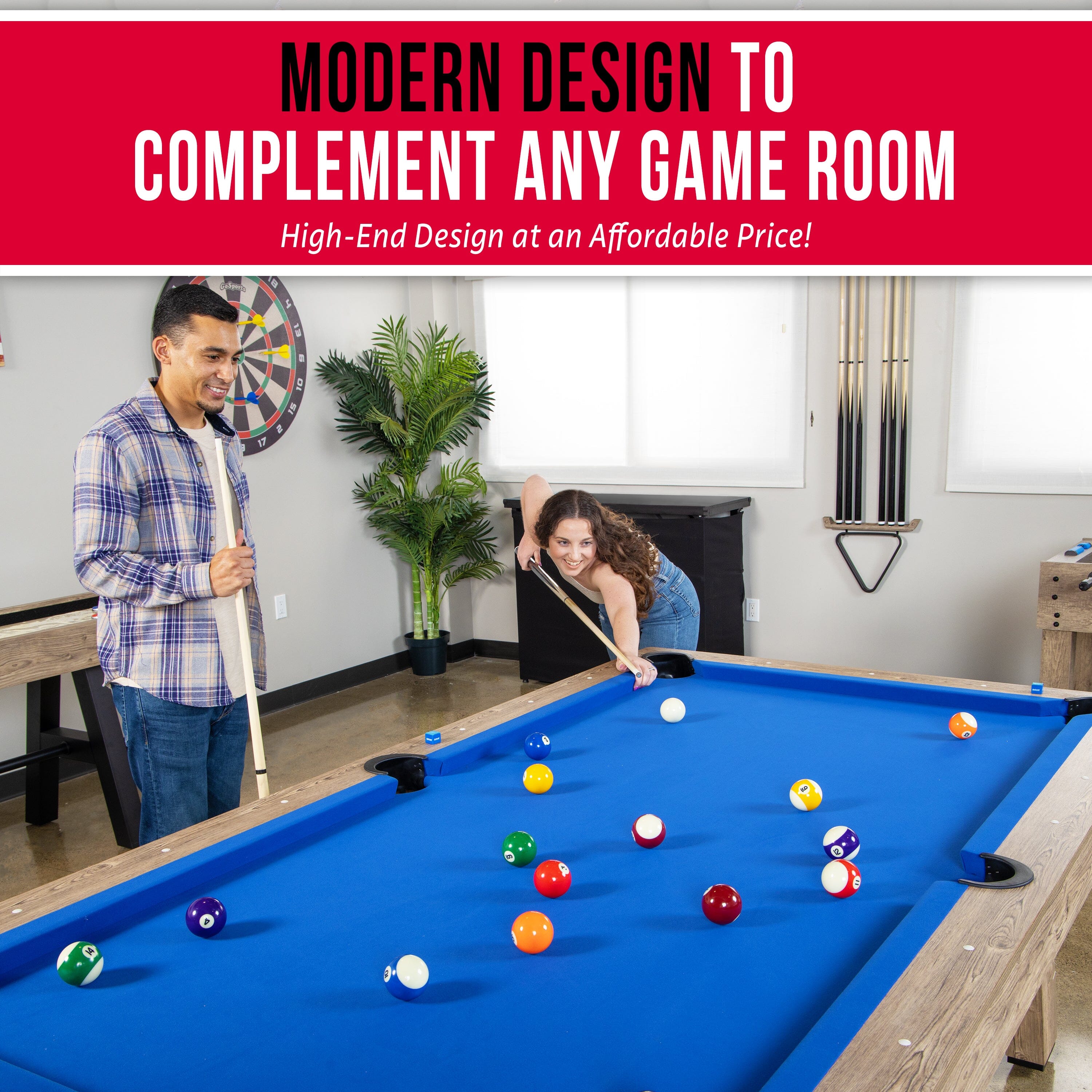 GoSports 8 ft Pool Tables with Wood Finish - Modern Billiards Table with 2 Cue Sticks, Balls, Rack, Felt Brush and Chalk