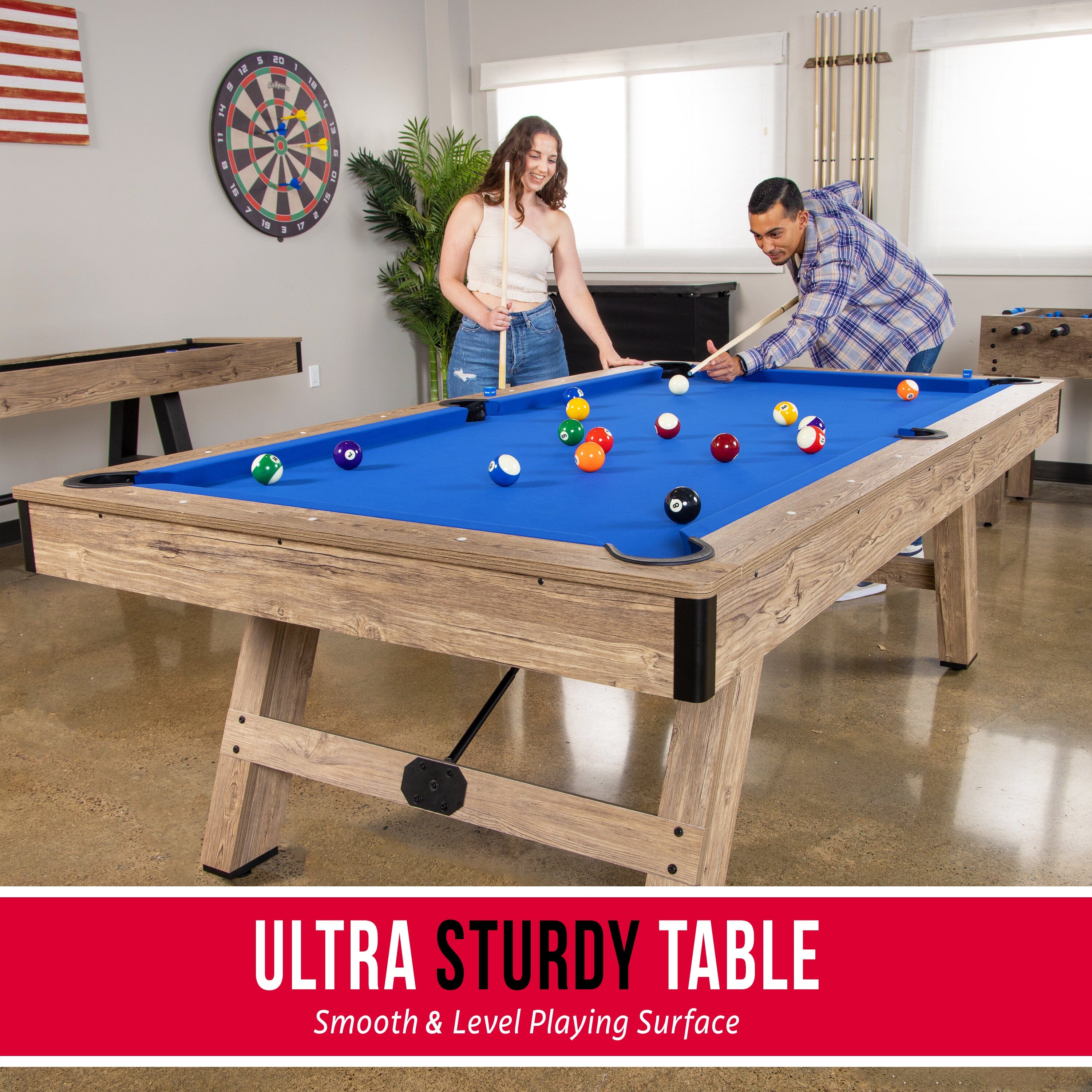 GoSports 8 ft Pool Tables with Wood Finish - Modern Billiards Table with 2 Cue Sticks, Balls, Rack, Felt Brush and Chalk