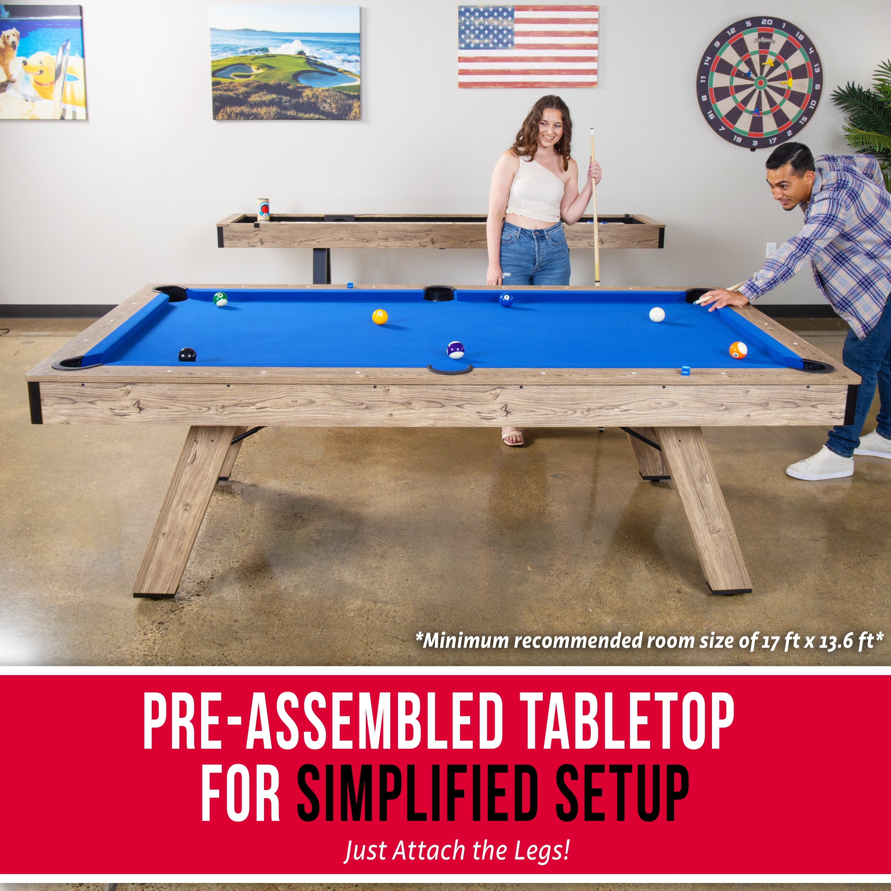 GoSports 8 ft Pool Tables with Wood Finish - Modern Billiards Table with 2 Cue Sticks, Balls, Rack, Felt Brush and Chalk