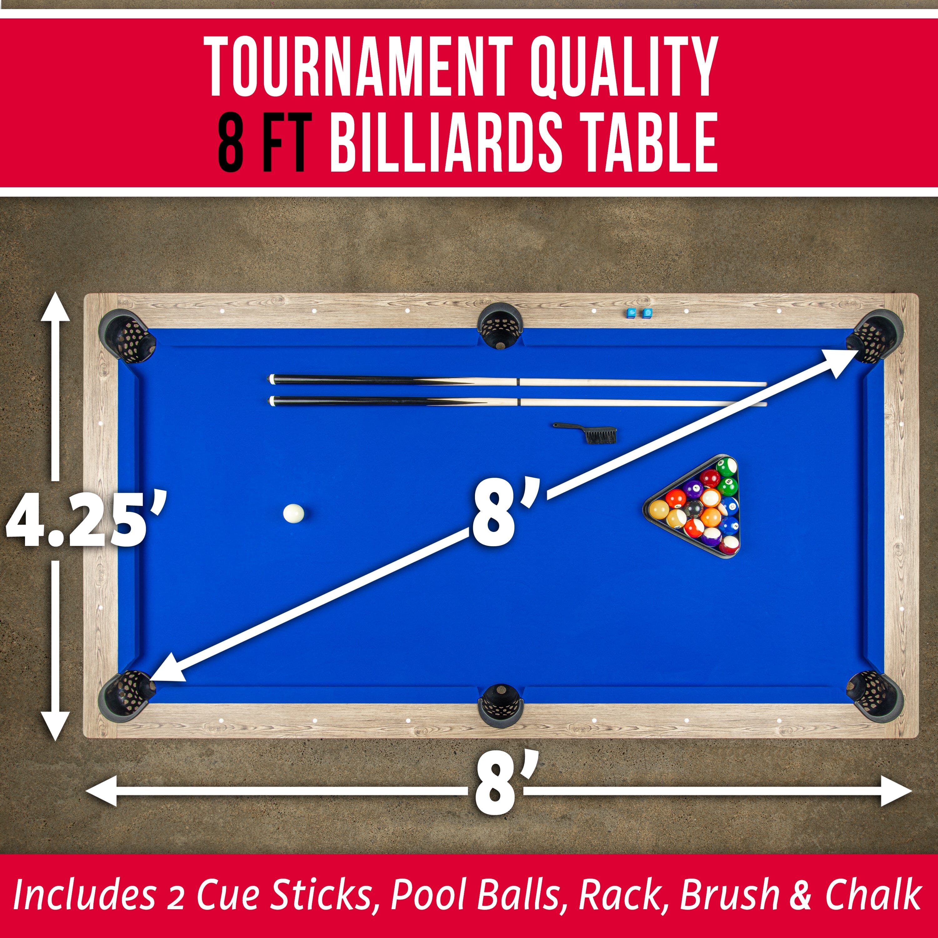 GoSports 8 ft Pool Tables with Wood Finish - Modern Billiards Table with 2 Cue Sticks, Balls, Rack, Felt Brush and Chalk
