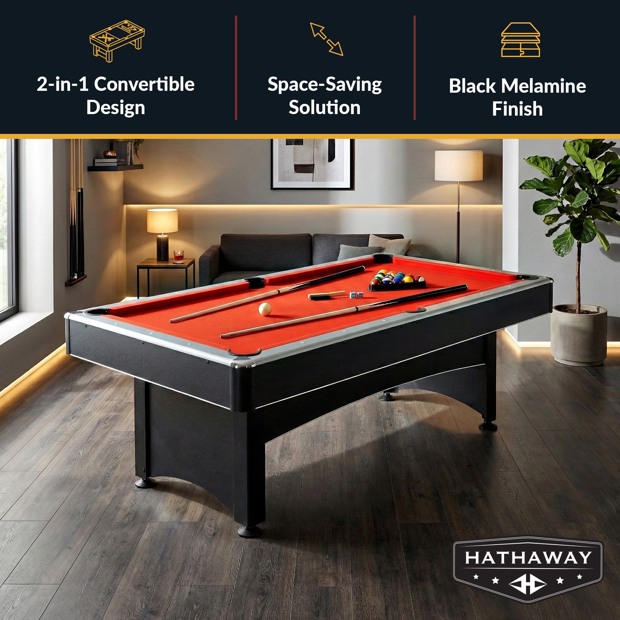 Maverick 7 ft Pool Table with Table Tennis Top – Black with Red Felt