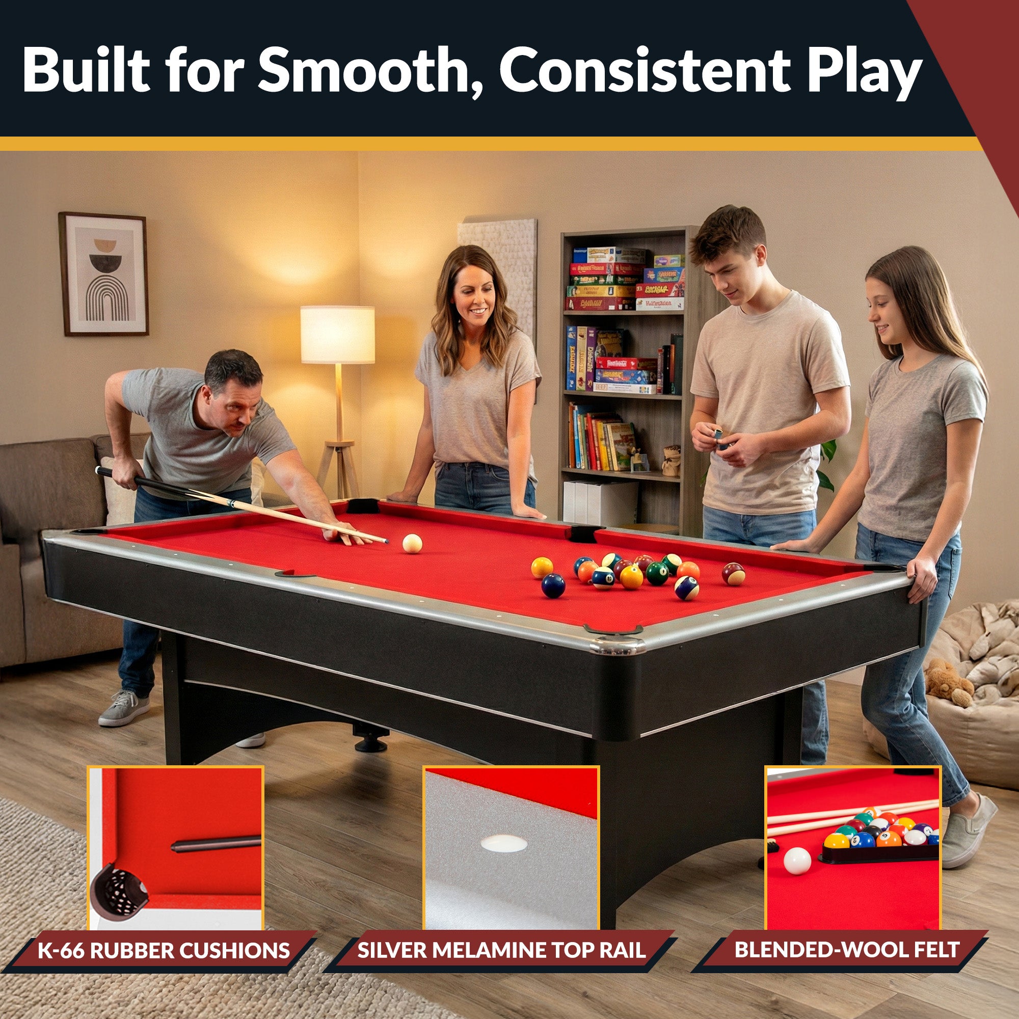 Maverick 7 ft Pool Table with Table Tennis Top – Black with Red Felt