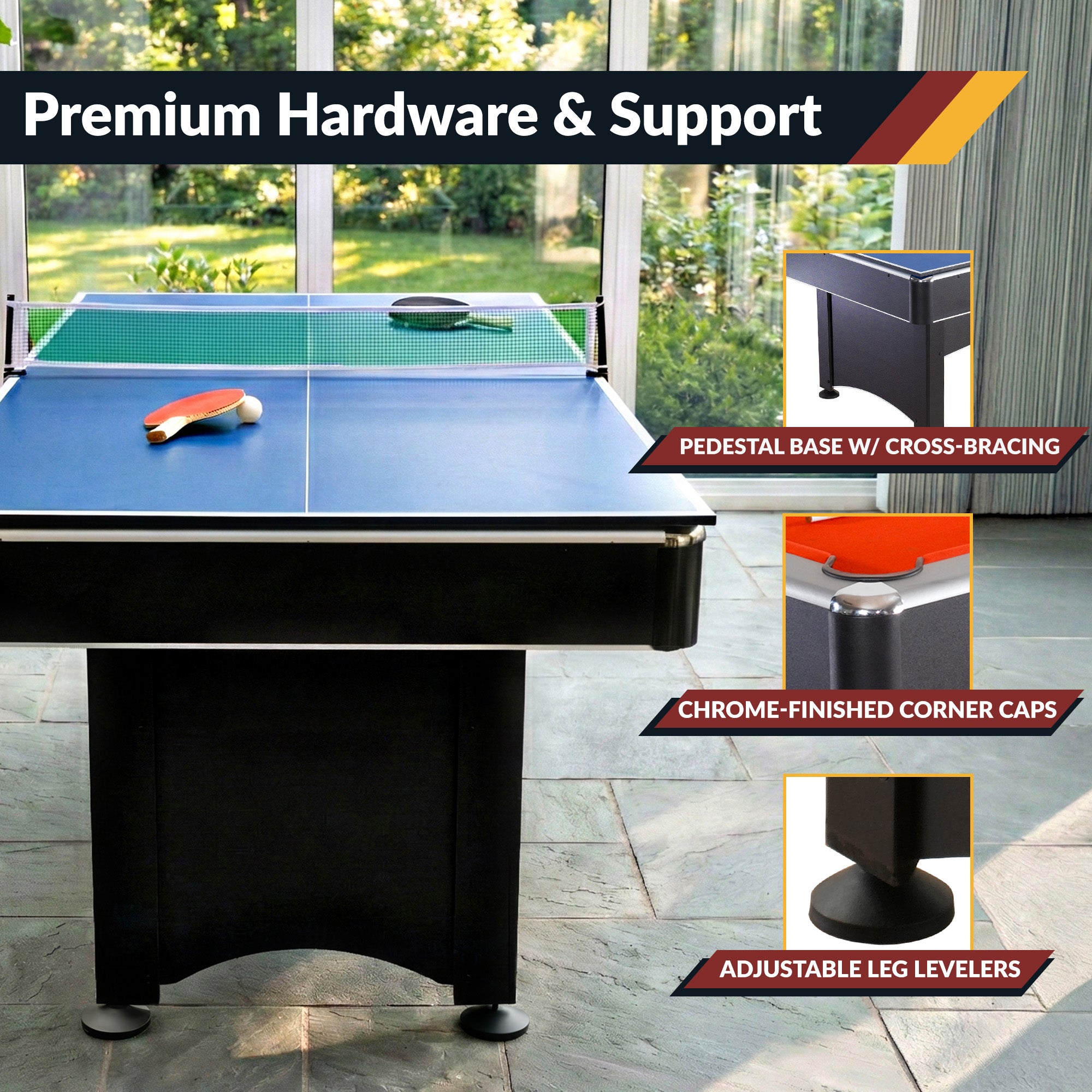Maverick 7 ft Pool Table with Table Tennis Top – Black with Red Felt