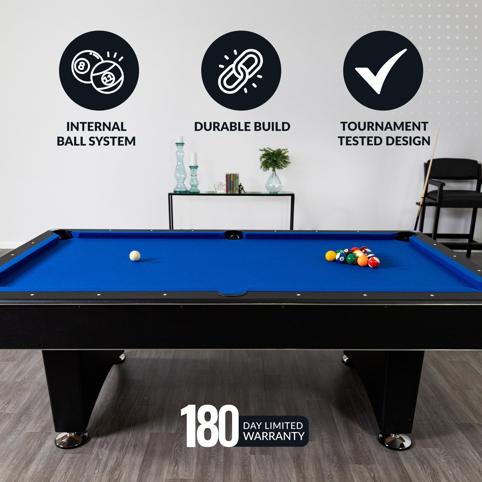 Hustler 7 ft Pool Table with Ball Return – Black with Blue Felt