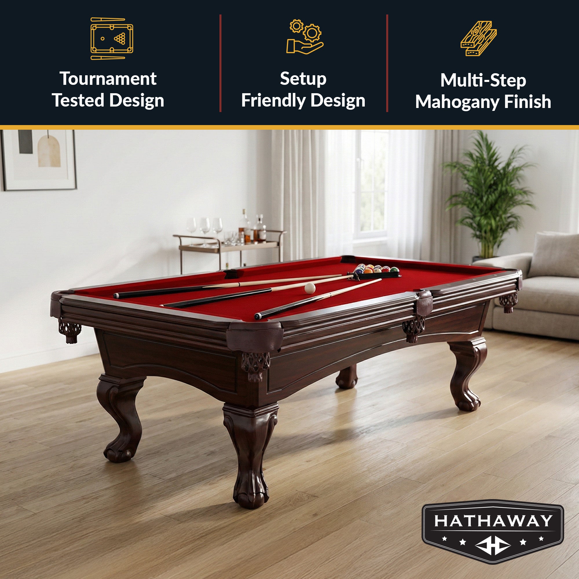 Augusta 8 Ft Pool Table – Traditional Mahogany Finish with Red Felt