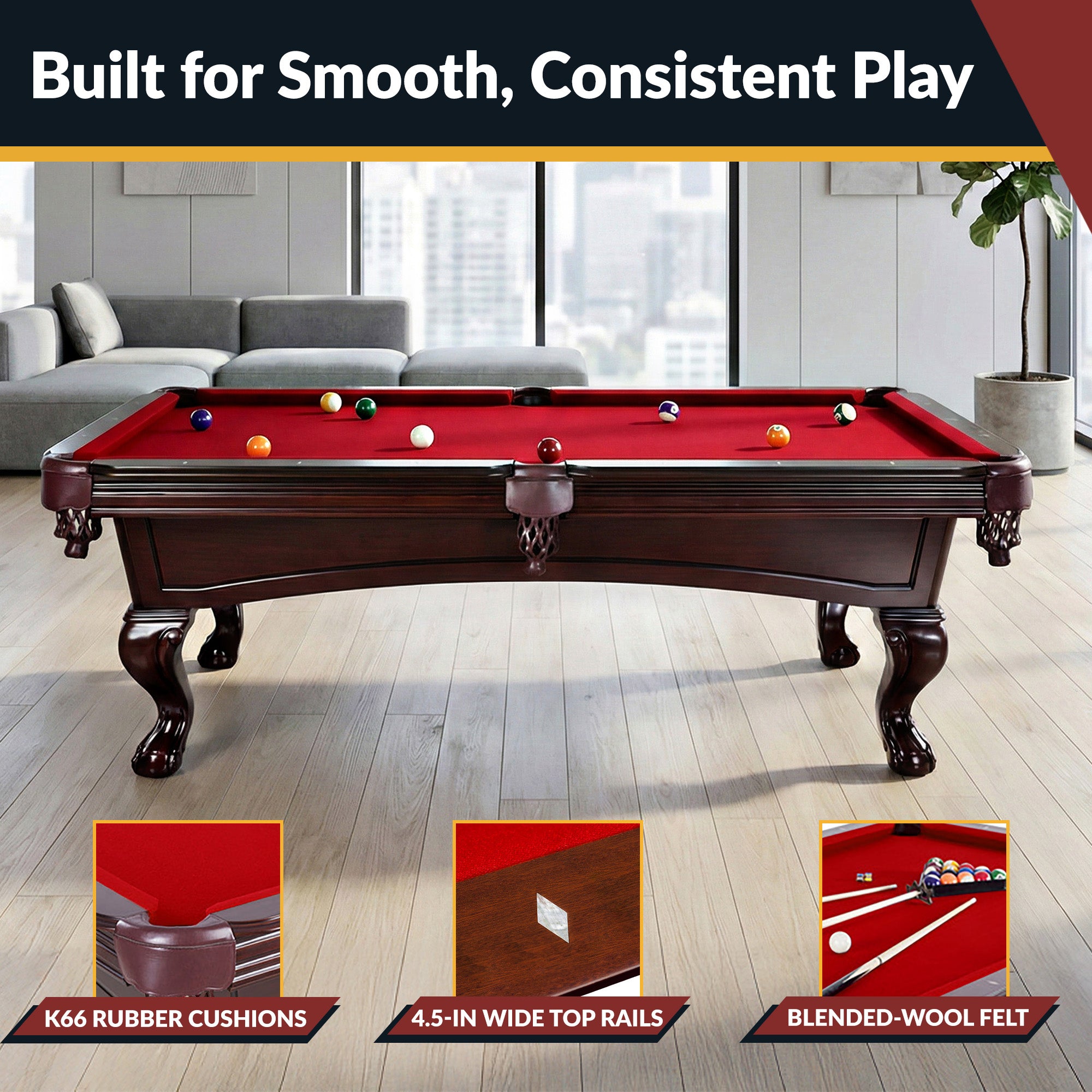Augusta 8 Ft Pool Table – Traditional Mahogany Finish with Red Felt