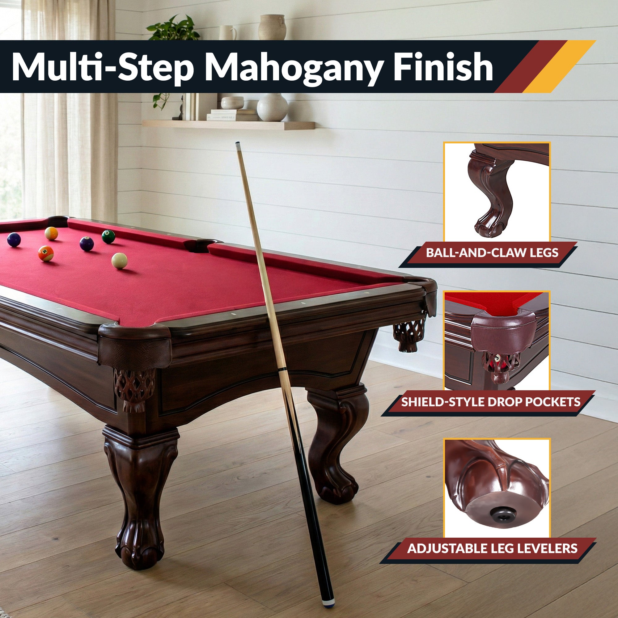 Augusta 8 Ft Pool Table – Traditional Mahogany Finish with Red Felt