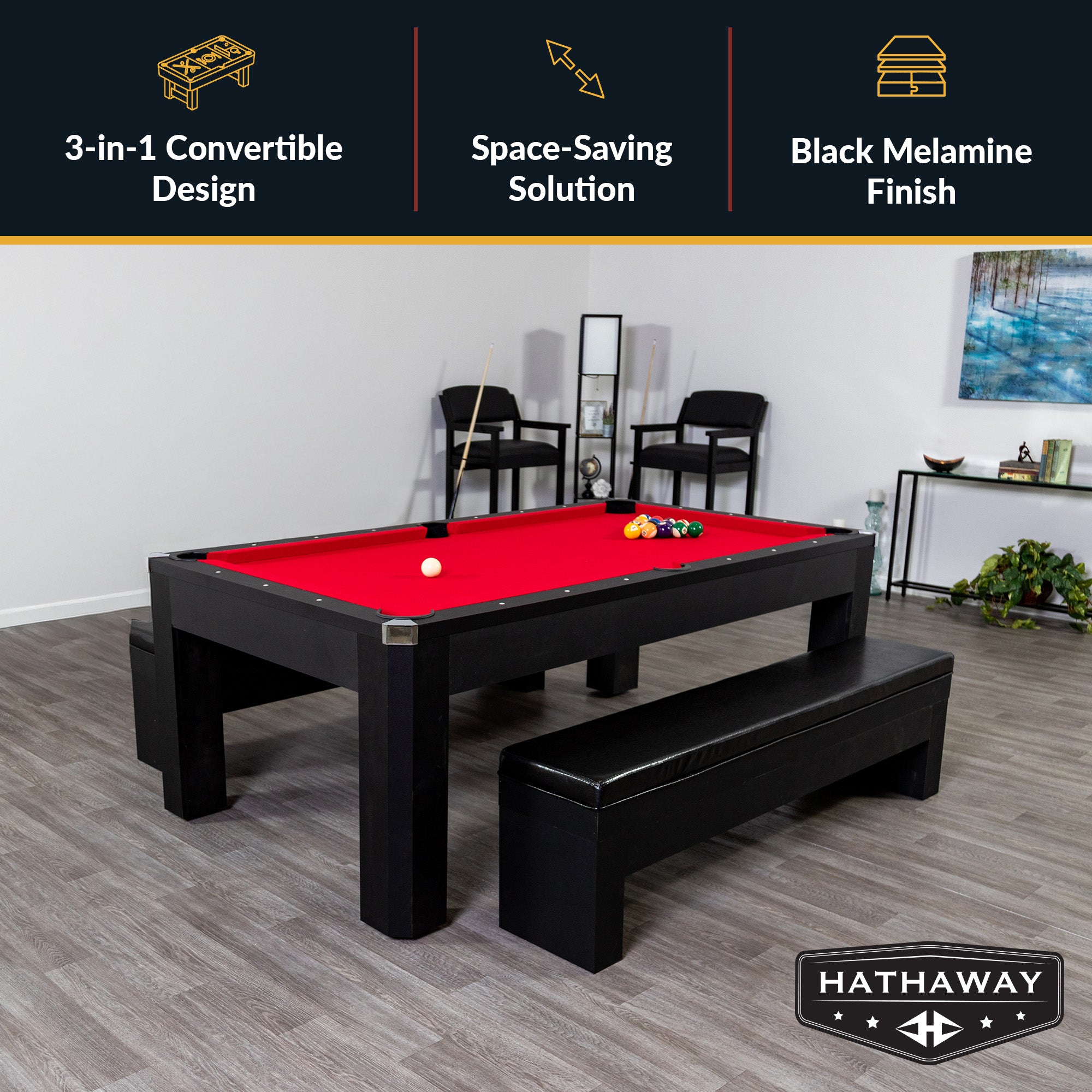 Park Avenue 7 ft Pool Table Combo Set with Benches – Black with Red Felt
