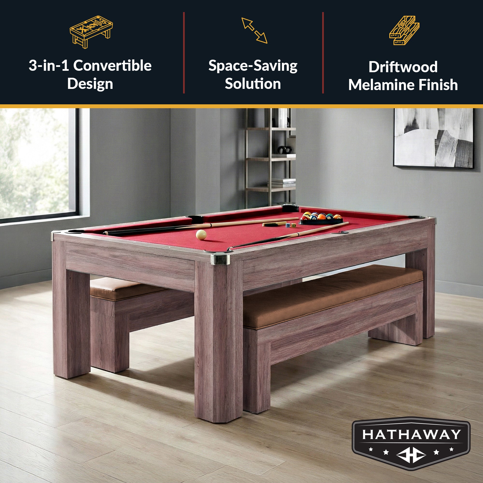 Newport 7 ft Pool Table Combo Set with Benches – Light Oak with Red Felt