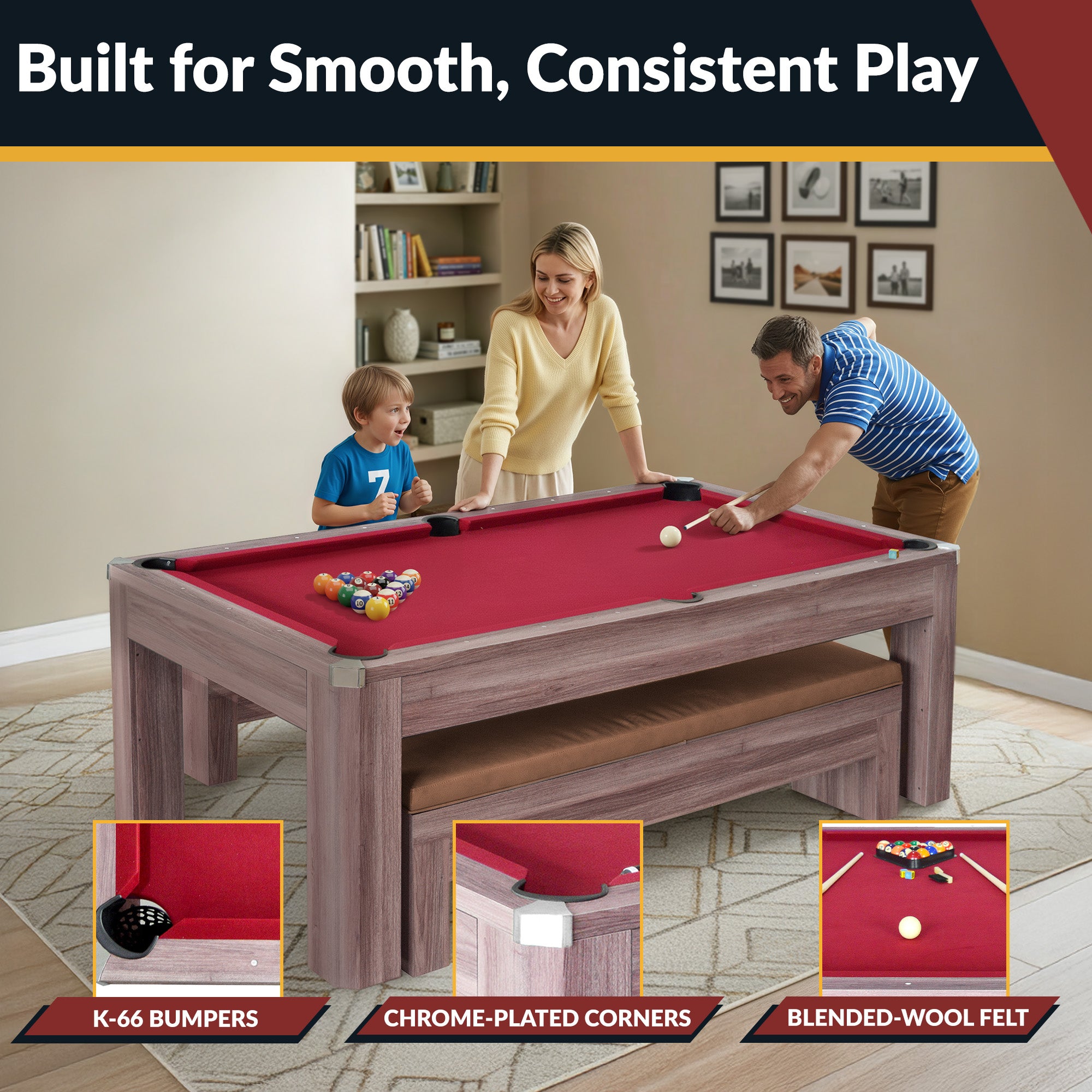 Newport 7 ft Pool Table Combo Set with Benches – Light Oak with Red Felt