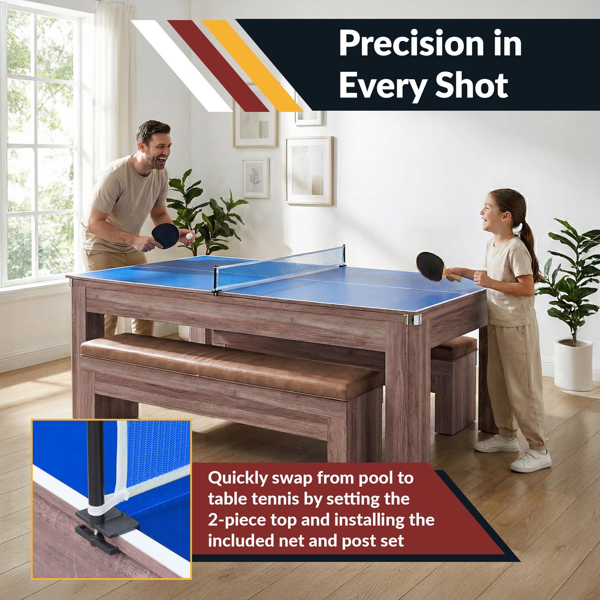 Newport 7 ft Pool Table Combo Set with Benches – Light Oak with Red Felt