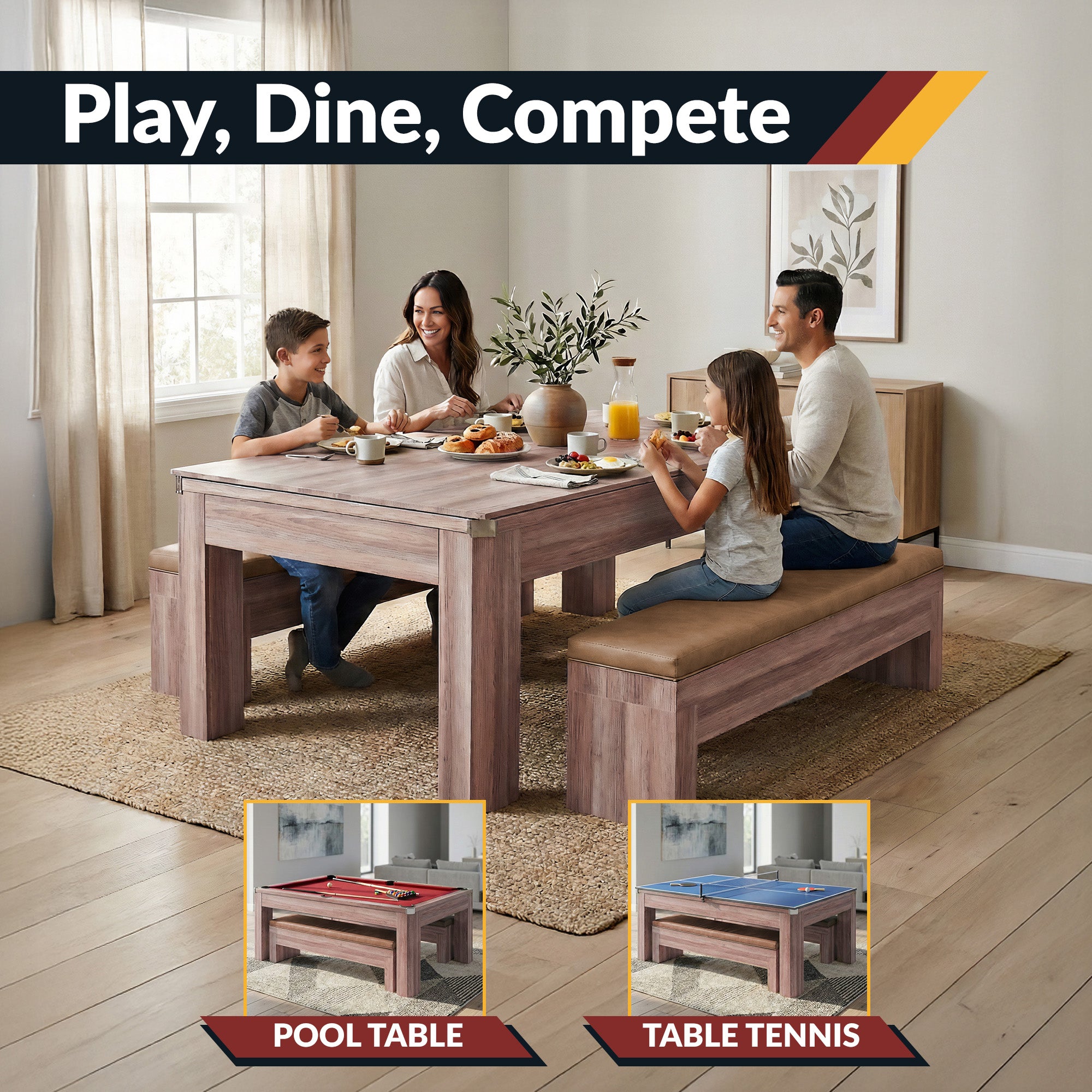 Newport 7 ft Pool Table Combo Set with Benches – Light Oak with Red Felt