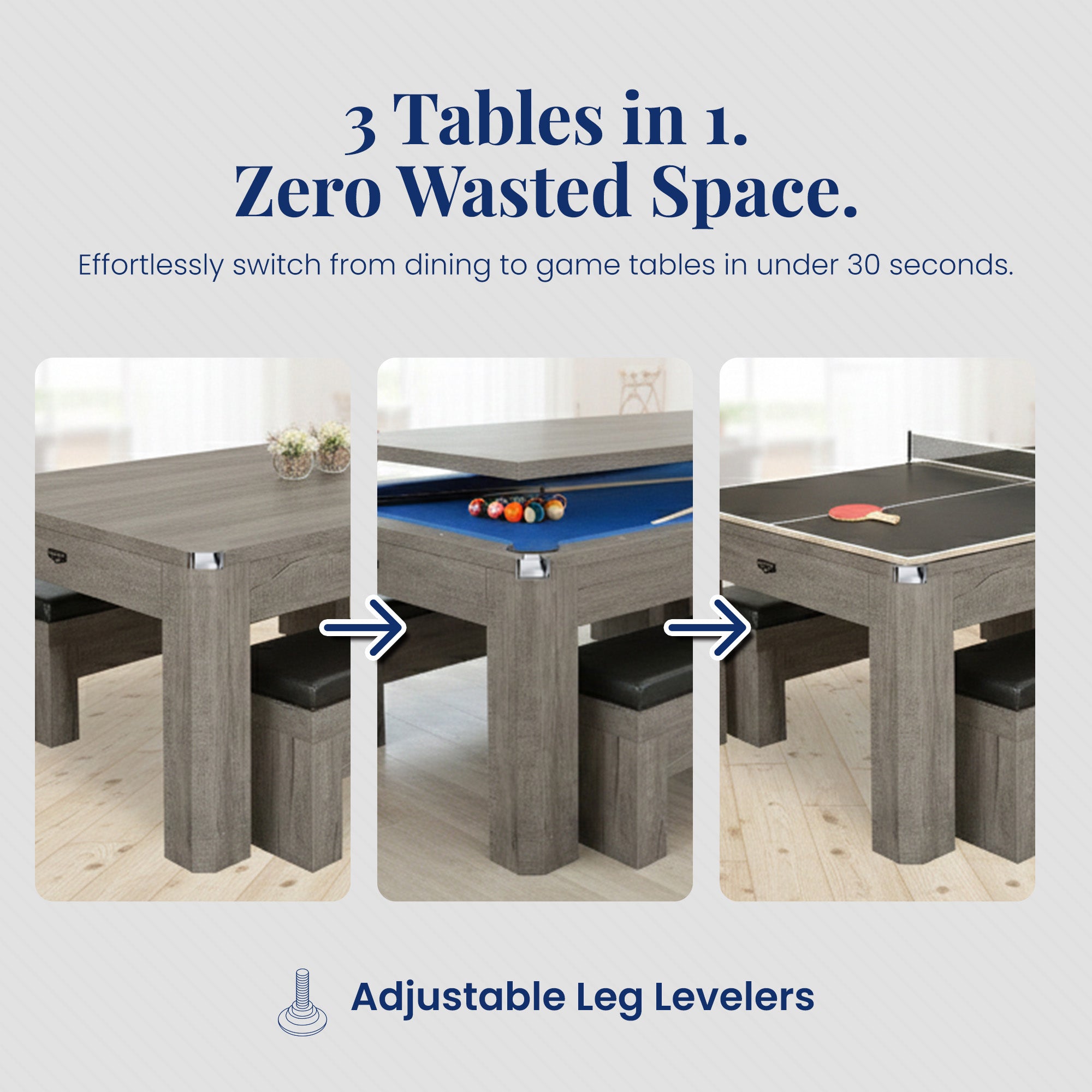 Newport 7 Ft Pool Table with Benches – 3-in-1 Dining & Ping Pong Combo (Rustic Gray / Blue Felt)