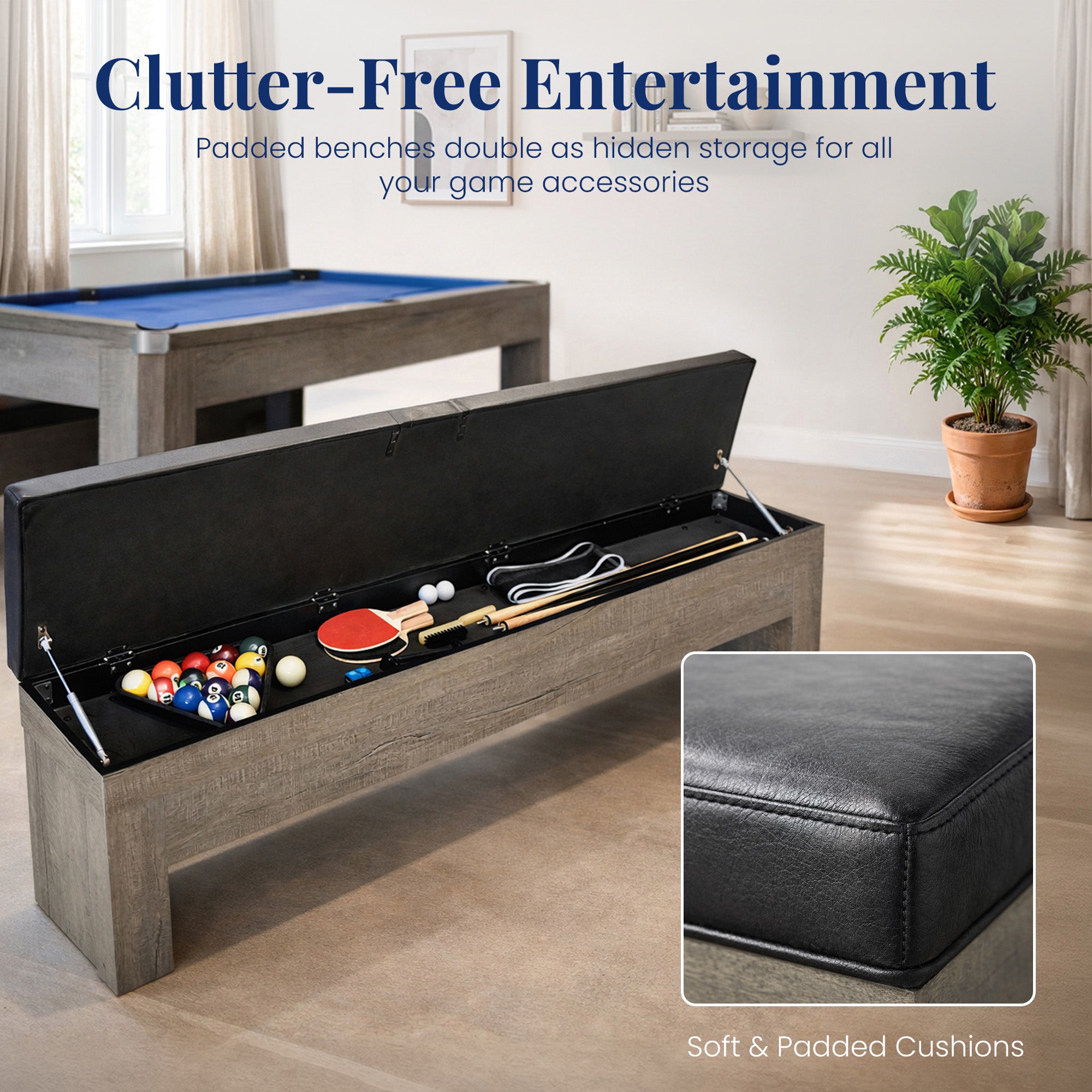 Newport 7 Ft Pool Table with Benches – 3-in-1 Dining & Ping Pong Combo (Rustic Gray / Blue Felt)