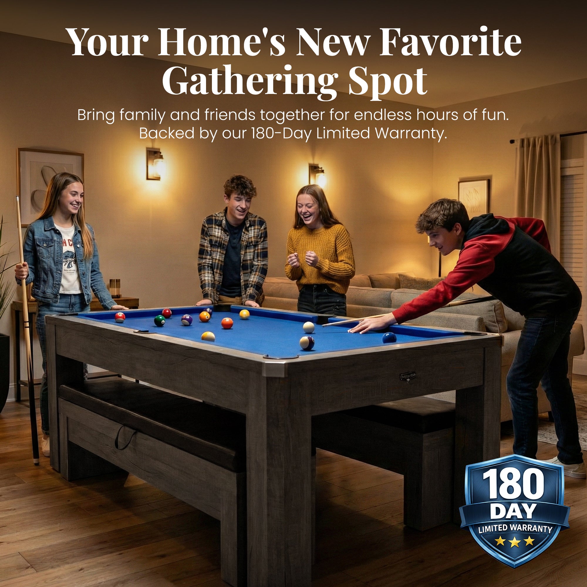 Newport 7 Ft Pool Table with Benches – 3-in-1 Dining & Ping Pong Combo (Rustic Gray / Blue Felt)