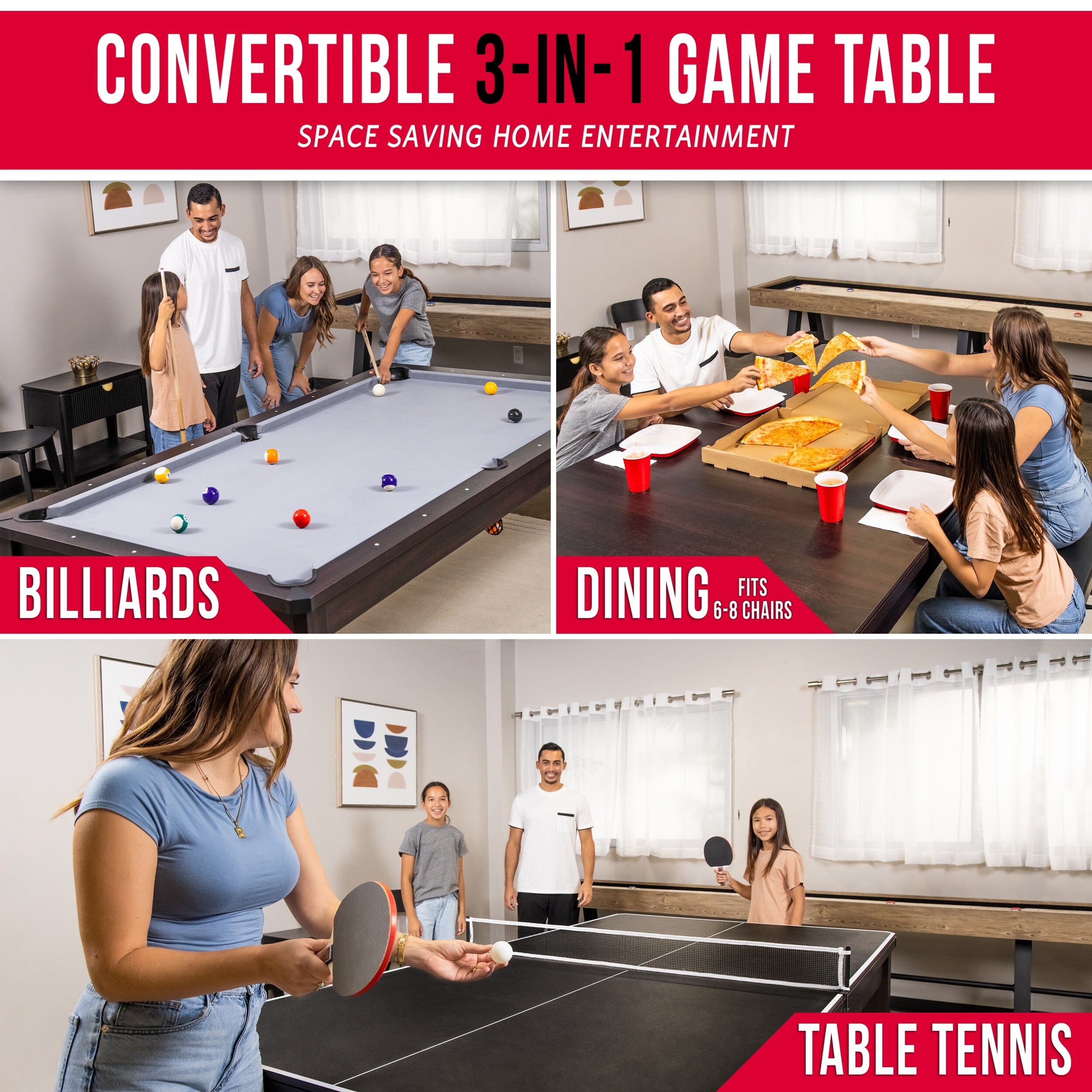 GoSports 8 ft 3 in 1 Pool, Dining, & Table Tennis Combo Table and Storage Benches - Convertible Billiards with Game Accessories