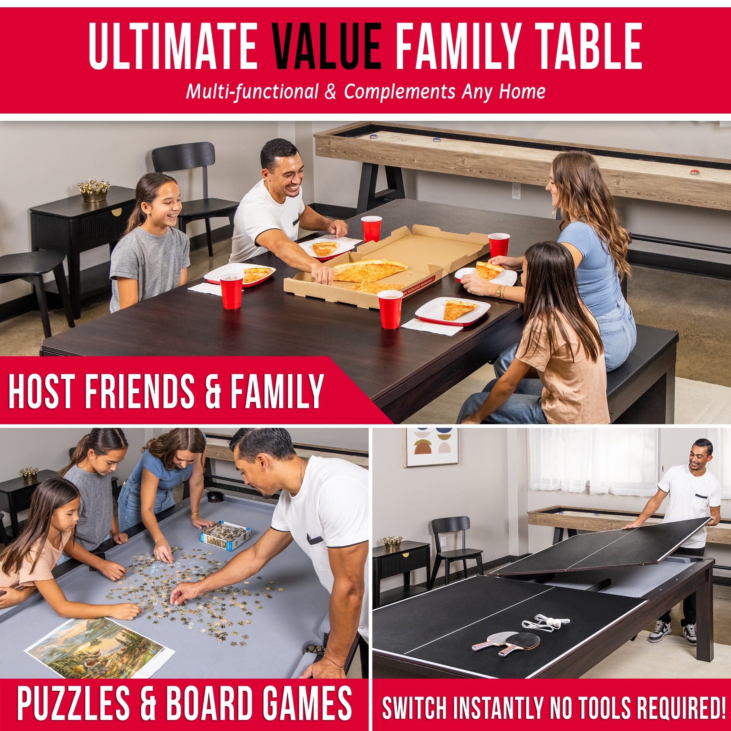 GoSports 8 ft 3 in 1 Pool, Dining, & Table Tennis Combo Table and Storage Benches - Convertible Billiards with Game Accessories