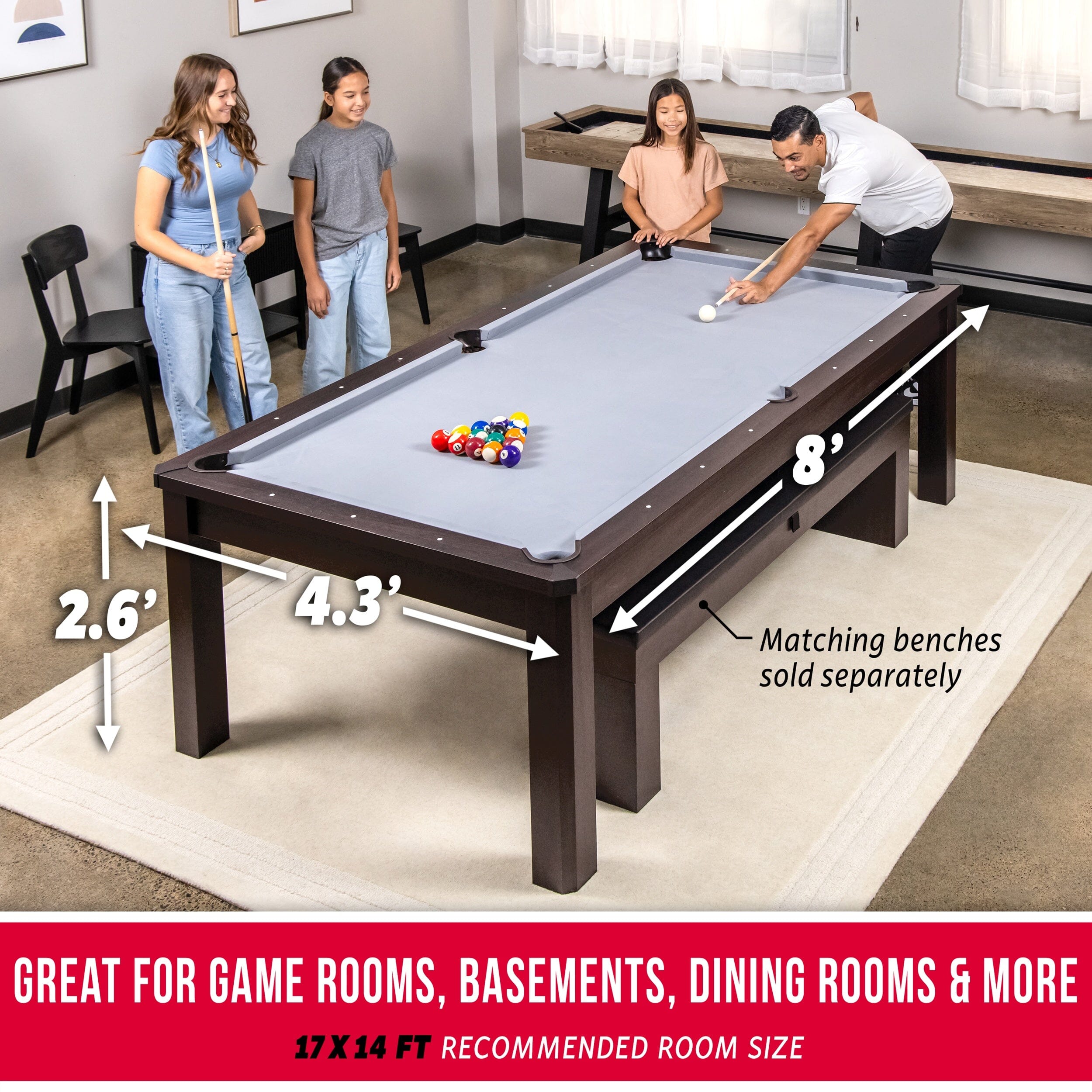 GoSports 8 ft 3 in 1 Pool, Dining, & Table Tennis Combo Table and Storage Benches - Convertible Billiards with Game Accessories